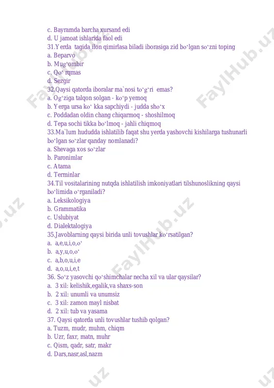 55. oshni suzmoq, suvda suzmoq, buzoq suzdi kabi birikmalarda “suzmoq” so‘zlari qanday so‘zlar deyiladi? a. omonim b. sinonim c. antonim d. paronim 56. “kasb” so‘zi qaysi tildan olingan? a. lotin tilidan “prafesio” b. ingliz tilidan “profesio” c. rus tilidan “profesiya” d. fransuz tilidan “prafesio” 57.qizaloq, mittivoy singari so‘zlari qanday ma`noni anglatadi? a. erkalash ma`nosini b. undov so‘zlar ma`nosini c. dag‘al so‘zlar ma`nosini d. hurmat ma`nosini 58.tashkiliy hujjatlar to‘g‘ri berilgan qatorni toping. a. nizomlar, shartnoma, majlis bayoni b. buyruq, ko‘rsatma, farmoyish c. ariza, tusuntirish xati, hisobot d. ishonchnoma, tavsifnoma 59. lotin yozuviga asoslangan yangi o‘zbek alifbosini joriy etish to‘g‘risidagi qonun qachon qabul qilingan? a. 1993-yil 2-sentabr b. 1992-yil 3-sentabr c. 1989-yil 21-oktabr d. 1993-yil 6-may 60. davlat tili haqidagi qonun necha moddadan iborat? a. 24 modda b. 23 modda c. 35 modda d. 12 modda 61.hujjatlar mazmuniga ko‘ra necha turga bo‘linadi? a.sodda va murakkab hujjatlar b.ichki va tashqi hujjatlar c.namunaviy va …