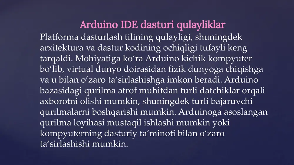 ngizni doskaga yuklashda xatolikka yo’l qo’ymaslik uchun arduino doskasining to’g’ri nomini tanlashingiz kerak, bu sizning kompyuteringizga ulangan doskaga to’g’ri keladi. asboblar → kengashga o’ting va taxtangizni tanlang. bu erda biz arduino uno doskasini o’quv qo’llanmamizga muvofiq tanladik, ammo siz foydalanayotgan taxtaga mos keladigan nomni tanlashingiz kerak. 7-qadam - ketma-ket portingizni tanlang. arduino kartasining ketma-ket qurilmasini tanlang. o’tish asboblar → ketma ket port menyusiga. bu com3 yoki undan yuqori bo’lishi mumkin (com1 va com2 odatda qo’shimcha ketma-ket portlar uchun ajratilgan). buni bilish uchun siz arduino doskangizni uzishingiz va menyuni qayta ochishingiz mumkin, yo’qolgan yozuv arduino doskasida bo’lishi kerak. kengashni qayta ulang va ushbu ketma-ket portni tanlang. 8-qadam - dasturni doskangizga yuklang. dasturimizni qanday qilib doskaga yuklashimiz mumkinligini tushuntirishdan oldin, arduino ide asboblar panelida paydo bo’ladigan har bir belgining vazifasini namoyish qilishimiz kerak. a - kompilyatsiya xatosi mavjudligini tekshirish uchun ishlatiladi. b - dasturni arduino platasiga yuklash uchun ishlatiladi. c - yangi …