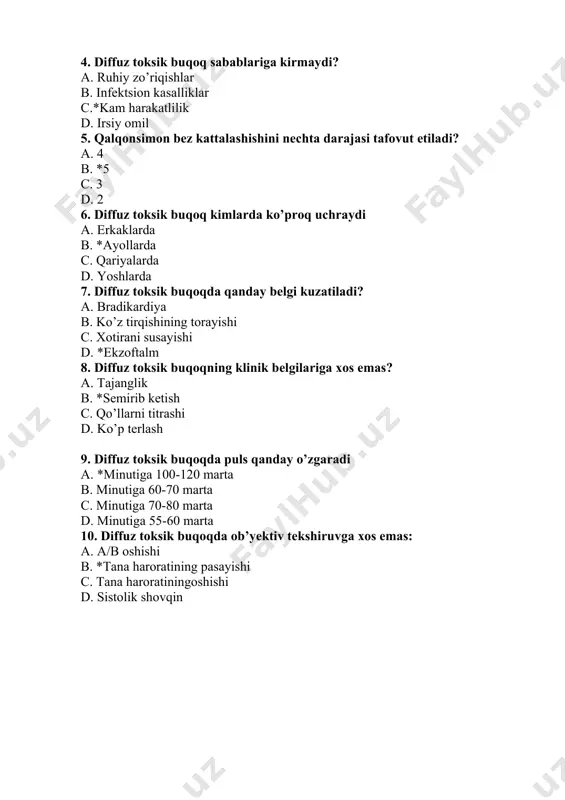 o’zgarishlar kuzatilmaydi? a. stomatit b. gingivit c. *nekrozli angina d. paradontoz 10.qandli diabetning yengil darajasida nahordagi qondagi glyukoza miqdori nechaga teng? a. *7.4 mmol/l gacha b. 14mmol/l gacha c. 9mmol/l gacha d. 20 mmol/l gacha 5.mavzu: qon va qon yaratish tizimi tekshirish usullari. qon va qon yaratish tizimi kasalliklari. 1. eritrotsitlar nima vazifani bajaradi? a.ximoya. b.qonni to‘xtatuvchi. с*transport. d.bog‘lovchi. 2. leykotsitlar nima vazifani bajaradi? a*ximoya. b.qonni to‘xtatuvchi. с.transport. d.bog‘lovchi. 3. trombatsitlar nima vazifani bajaradi? a.ximoya. b*qonni ivituvchi. с.transport. d.bog‘lovchi. 4. qon kasalliklariga xos bo‘lgan klinik belgini korsating. a.yo’tal. b.bosh og‘rishi. с.qayt qilish. d*qon ketishlar. 5. quyidagilardan qay biri qon kasalliklariga xos. a.yo’tal. b.bosh og‘rishi. с.qayt qilish. d*suyaklardagi og‘riq. 6.qon kasalliklariga xos bo‘lgan klinik belgi. a.yo’tal. b.bosh og‘rishi. с.qayt qilish. d*.terining oqarishi. 7.qon kasalliklariga xos bo‘lgan klinik belgini korsating. a.yo’tal. b.bosh og‘rishi. с.qayt qilish. d.*tana xaroratini kqtarilishi. 8.quyigagi klinik belgilardan qay biri qon kasalliklariga xos. a.yo’tal. b.bosh og‘rishi. с.qayt qilish. d.*chap …