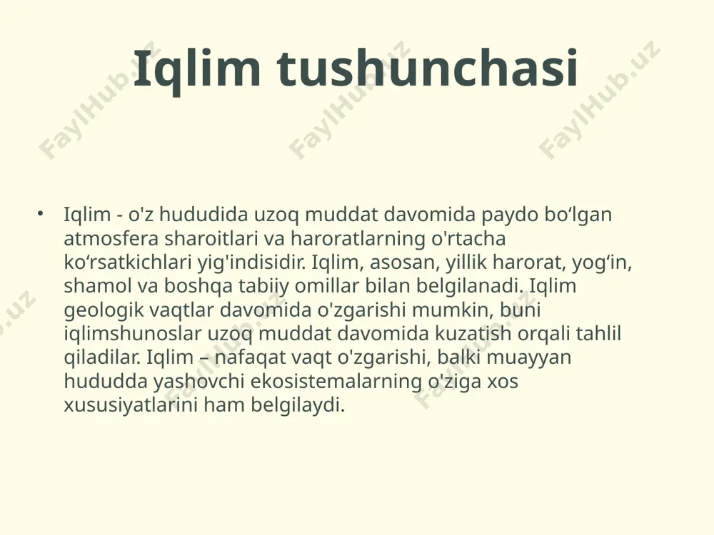 ishloq xo'jaligi hosildorligi kamayishi va qishloq xo‘jaligi qiymatining o'zgarishiga olib keladi. shuningdek, energetik va transport sohalarida ko'plab o'zgartirishlar kiritilishi kerak. iqtisodiy rivojlanish uchun iqlim o'zgarishlarini hisobga olgan holda yangi strategiyalar ishlab chiqilishi zarur. bu esa, uzoq muddatda iqlimni himoya qilish va iqtisodiy barqarorlikni ta'minlashga yordam beradi. iqlim muammolari iqlim muammolari butun dunyo odamlarining hayotiga ta'sir ko'rsatadigan murakkab vaziyatlardir. ular orasida qurg‘oqchilik, suv resurslarining kamayishi, geografik hududlarda toshqinlar va boshqa tabiiy ofatlar mavjud. ushbu muammolar odamlarning ijtimoiy va iqtisodiy hayotiga salbiy ta'sir qilishi mumkin. energiya manbalarining kamayishi va oziq-ovqat ta'minoti tizimlarining uzilishlari ham muhim muammolar qatorida. ko'plab davlatlar bu muammolarni hal qilish uchun global darajada hamkorlik qilmoqdalar. iqlimni himoya qilish usullari iqlimni himoya qilish uchun bir nechta usullar mavjud. bunlar orasida yangi energiya manbalarini ishlab chiqish, energiya tejamkor texnologiyalarni joriy etish va tabiiy resurslarni mas’uliyatli ishlatish kiradi. shuningdek, dasturiy ta'minot bo'yicha ekologik auditingni amalga oshirish va iqlim sharoitlariga moslashish strategiyalarini ishlab …