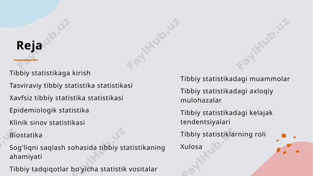 alar yoki naqshlarni aniqlashga yordam beradi. xavfsiz tibbiy statistika statistikasi xavfsiz tibbiy statistika xulosalarini jalb qilish yoki namunaga asoslangan aholi haqida bashorat qilishni o'z ichiga oladi.bu statistik usullarni, masalan, gipotezik test va aniqliklarni baholash va xulosalarning ahamiyatini baholaydi.masalan, yangi preparat platsebo yoki o'pish va o'pka saratoni o'rtasidagi assotsiyani baholash uchun yangi preparatning platsebo yoki assotsiatsiyasidan sezilarli darajada samaraliroqligini aniqlash uchun foydalanish mumkin.ushbu statistik usullar tadqiqotchilarga o'z xulosalarini yirik aholiga umumlashtirish va dalillarga asoslangan tavsiyalar berishga imkon beradi. epidemiologik statistika epidemiologik statistika populyatsiyalarda sog'liqni saqlash bilan bog'liq bo'lgan voqealar va dehqonchilikni aniqlash va aniqlashni o'rganishga qaratilgan.bu kasalliklarning namunalari va sabablarini tushunish uchun kasalliklarning paydo bo'lishi, xavf omillari va natijalari to'g'risidagi ma'lumotlarni tahlil qilishni o'z ichiga oladi.masalan, epidemiologik statistika kasallik manbasini, ekologik omillarning sog'lig'iga ta'sirini baholashga yoki profilaktik choralarning samaradorligini baholashga yordam beradi.ushbu statistika sog'liqni saqlashni rejalashtirish, siyosatni ishlab chiqish va kasallikning nazorati bo'yicha hal qiluvchi rol o'ynaydi. klinik sinov statistikasi klinik …