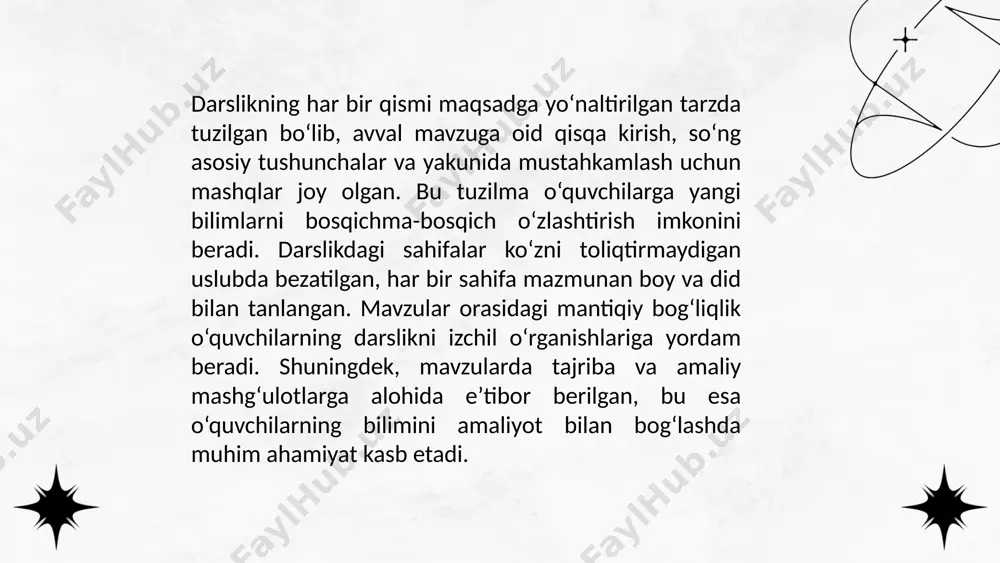 ili, yuqori sifatli illyustratsiyalar va amaliy mashg‘ulotlarga e’tibor berilishi alohida ta’kidlanadi. mavzular o‘quvchilarga qiziqarli va mos tarzda yoritilgan, shuningdek, real hayot misollari va kuzatishlar orqali tushunilishi osonlashtirilgan. har bir bo‘limda topshiriqlar va amaliy mashg‘ulotlar mavjud bo‘lib, ular o‘quvchilarning mustaqil fikrlash, tahlil qilish va ijodiy yondashuvlarini rivojlantiradi. darslikning yuqori vizual yoritilishi va izchilligi o‘quvchilarga o‘rganilayotgan mavzuni samarali o‘zlashtirish imkonini beradi. ... t.me/slaydai_bot takomillashtirish bo‘yicha tavsiyalar sifatida, darslikda qo‘shimcha interaktiv faoliyatlar va o‘quvchilarning jamoaviy ishlashini rag‘batlantiruvchi mashg‘ulotlar qo‘shilishi mumkin. shuningdek, ilmiy-texnologik yutuqlar va zamonaviy ma’lumotlarga asoslangan misollar va topshiriqlar kiritish darslikni yanada boyitadi. o‘quvchilarga mavzularni mustahkamlash uchun ko‘proq o‘yin elementlari va musobaqalar orqali o‘rganish imkoniyatlari yaratish, shuningdek, onlayn resurslardan foydalanish darslikni yanada samarali qilishga yordam beradi. ... t.me/slaydai_bot darslikning afzalliklari sifatida uning o‘quvchilarga qulay va aniq tarzda tuzilganligi, mavzularni to‘g‘ri yoritish va amaliy mashg‘ulotlar bilan boyitilganligi ta’kidlanadi. har bir bo‘limning mantiqiy tuzilishi, o‘quvchilarning qiziqishini saqlash va mavzuni o‘zlashtirish jarayonini osonlashtirishga yordam beradi. …