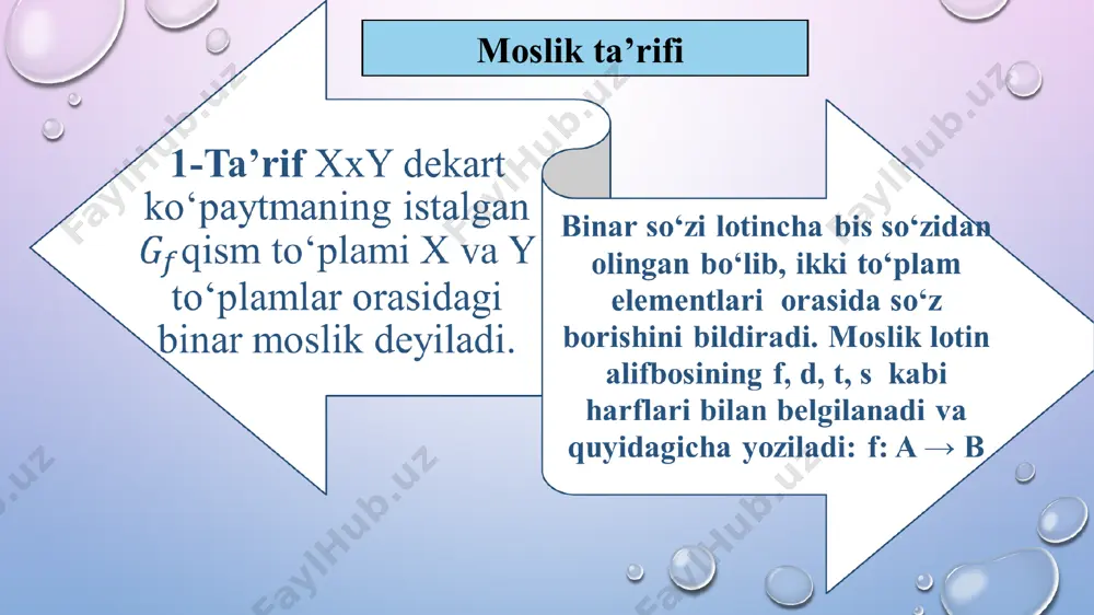 kam», «5 soni 6 sonidan 1 ta kam». keltirilgan misoldagi «1 ta ko‘p» munosabat uchun {(5;4) , (6;5)} to‘plam, «katta» munosabati uchun {(5;4), (6;4), (6;5)} to‘plam, «kichik» munosabati uchun {(4;5), (5;6)} to‘plamlarga ega bo‘lamiz. bu to‘plamlar esa elementlari }6;5;4{x to‘plam elementlaridan hosil qilingan sonlar juftliklari to‘plami bilan aniqlanad i. boshqacha aytganda, bu to‘plamlar }6;5;4{x to‘plam dekart ko‘paytmasining elementlaridan tashkil topgan qism to‘plamlardir, ya’ni )}6;6(),5;6(),4;6(),6;5(),5;5(),4;5(),6;4(),5;4(),4;4{(xx : bundan ko‘rinadiki, ko‘rib o‘tilgan munosabtlar xx dekart ko‘paytmaning qism to‘plami bilan aniqlanar ekan. 1-ta’rif. xx to‘plamning istalgan g qism to‘plami binar munosabat deyiladi. binar munosabatlar lotin alfavitining bosh harflari p, k, r, s… bilan belgilanadi. boshqacha aytganda, x to’plam elementlari orasidagi munosabat deb r = (x×x,g r ) juftlikka aytiladi, bu yerda g r ⊂x×x. agar x to’plamda berilgan r munosabatda a∈x elementga b∈xelement mos kelsa, «aelement b element bilanr munosabatda» deyiladi va arb deb yoziladi, bu yerda (a; b)∈g r . xususiy holda teng …