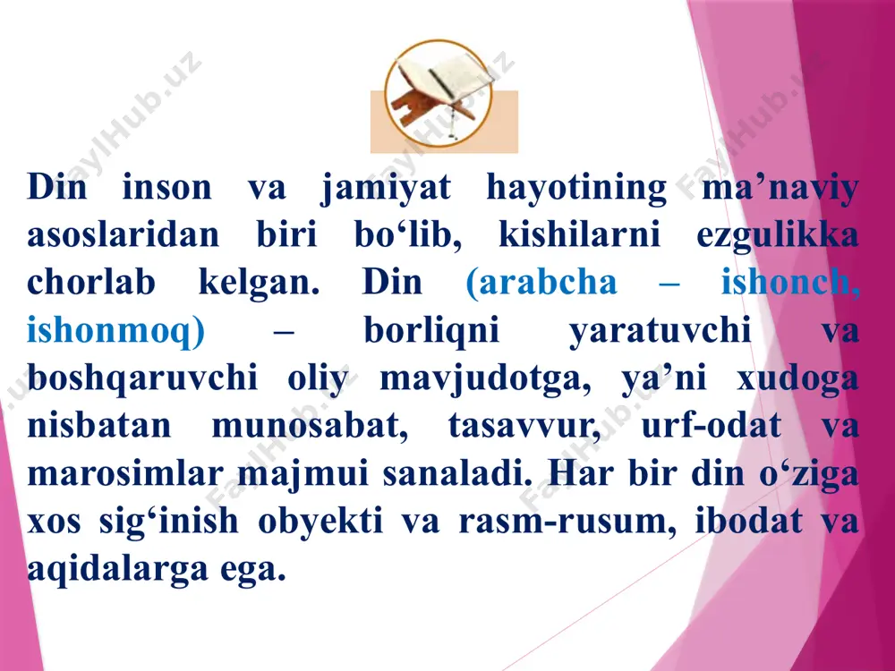 shdan iborat. “dinshunoslik” fanining maqsadi: “dinshunoslik” fanining vazifalari: o‘quvchi yoshlarda din va uning turli shakllari, ta’limoti, yo‘nalishi va oqimlari haqida to‘g‘ri, sog‘lom dunyoqarashni shakllantirish; – fuqarolarning faoliyati vijdon erkinligiga doir qonun talablariga muvofiq ekanligi hamda e’tiqodi sog‘lom shaxs ma’naviyatida milliy va diniy qadriyatlar uyg‘unligining o‘ziga xos jihatlarini o‘quvchi yoshlar ongiga singdirish; – o‘quvchi-yoshlarni diniy qadriyatlarga hurmat bilan qarash, turli dinlar va ularning vakillariga hurmat bilan munosabatda bo‘lish, insoniyat tamadduniga ulkan hissa qo‘shgan ulug‘ allomalarimiz bilan faxrlanish kabi yuksak fazilatlar ruhida tarbiyalashdan iborat. dinlar unga e’tiqod qiluvchilarning soni, miqyosi, o‘zining ma’lum millat yoki xalqqa xosligi yoxud millat tanlamasligiga ko‘ra turli guruhlarga bo‘linadi: 1. urug‘-qabila dinlari – totemistik, animistik, fetishistik tasavvurlarga asoslangan, o‘z urug‘idan chiqqan sehrgar, shomon yoki qabila boshliqlariga sig‘inuvchi dinlar. ular millat va jahon dinlari ichiga singib ketgan bo‘lib, hozirda avstraliya, janubiy amerika va afrikadagi ba’zi qabilalarda saqlanib qolgan; 2. milliy dinlar – ma’lum millatga xos bo‘lib, boshqa millat vakillari …