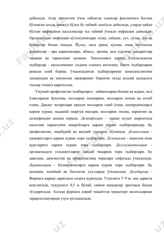 айнатилса ўлади. қуёш нурлари бир неча соатда, ошқозон шираси эса 30 минутда ўлдиради. спора ҳосил қилган микроблар 45-60 минут қайнатилганда, дезинфекцияловчи эритмаларда бир неча минутдан икки соатгача чидайди. эпизоотологияси - куйдирги касаллиги билан барча қишлоқ хўжалик ҳайвонлари, ит, мушук, ёввойи ҳайвонлар касалланади. инфекция манбаи бўлиб касал ҳайвонлар ҳисобланади. организмдан қўзғатувчилар тезак, сийдик, сўлак орқали ажратилади. куйдирги микроби билан ифлосланган ташқи муҳит объектлари - қўзғатувчини утказувчи омил бўлиб хизмат қилади. айниқса, куйдирги касаллигидан ўлган ҳайвонларнинг жасади хавфлидир. ўлган ҳайвонларни ёриш ман қилинади. ёрилган жасадларда куйдирги қўзғатувчиси 3 суткада ўлади. агар ўлик ёрилса қўзғатувчи ташқи муҳитга тушиб кислород ҳамда иссиқлик таъсирида спора ҳосил қилади ва 30 кунгача сақланиши мумкин. ҳайвонларга куйдирги касаллиги асосан алиментар йул билан юқади. респиратор ва трансмиссив йул билан зарарланиши ҳам кузатилган. куйдирги касаллиги баҳор ва кузда кўпроқ учрайди. қишда ҳайвонлар куйдирги касаллиги микроби билан ифлосланган озиқаларни исътемол қилганда пайдо бўлади. патогенези ва клиник белгилари. куйдирги қўзғатувчиси ҳайвон организмига …