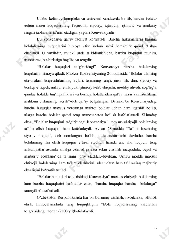 barcha bolalarga” tamoyili e’tirof etiladi. o‘zbekiston respublikasida har bir bolaning yashash, rivojlanish, ishtirok etish, himoyalanishida teng huquqliligini “bola huquqlarining kafolatlari to‘g‘risida”gi qonun (2008 yil)kafolatlaydi. o‘zbekiston respublikasida maxsus ehtiyojli bolalarni o‘rganish, ularga ta’lim-tarbiya berish, mavjud nuqsonlarini korreksiyalashning samarali usul va yo‘llarini ishlab chiqish borasida ko‘plab tadqiqotlar olib borilgan (s.sh.aytmetova, d.a.gordienko, i.g.radisheva, v.s.rahmonova, r.shomaxmudova, i.v.sosedova, g.a.sodiqova, p.m.po‘latova, d.a.nurkeldieva, m.p.hamidova, g‘.b.shoumarov, k.q.mamedov, g‘.berdievl.r. mo‘minova, x.m.po‘latova, m.yu.ayupova, n.rahmonqulova, n.sh.bekmurodov, x.m.gaynutdinov, u.fayzieva, n.dadaxo‘jaeva, f.alimxo‘jaeva, f.u.qodirova, d.a.nazarova, r.rustamova va b.) mutaxassis olimlar va davlatimiz siyosati bugungi kunda ham maxsus ehtiyojli bolalarga yanada samaraliroq ta’lim-tarbiya berish, ularni ijtimoiy jamiyatga tenghuquqlilik asosida to‘liq va erta moslashtirish masalalari xususida jiddiy bosh qotirmoqdalar. hozirgi kunda mamlakatimizda alohida e’tiborga muhtoj bo‘lgan bolalar maxsus, uydagi yakka tartibda o‘qitish, integratsiya va inklyuziv ta’lim bilan qamrab olingan. kursni ishining maqsadi: inklyuziv ta’limning asosiy tamoyillari va ularning mazmuni o‘rganish, tahlil qilish. kursni ishining ob’ekti: inklyuziv ta’limning asosiy tamoyillari va ularning mazmuni o‘rganish jarayoni. kursni ishining …