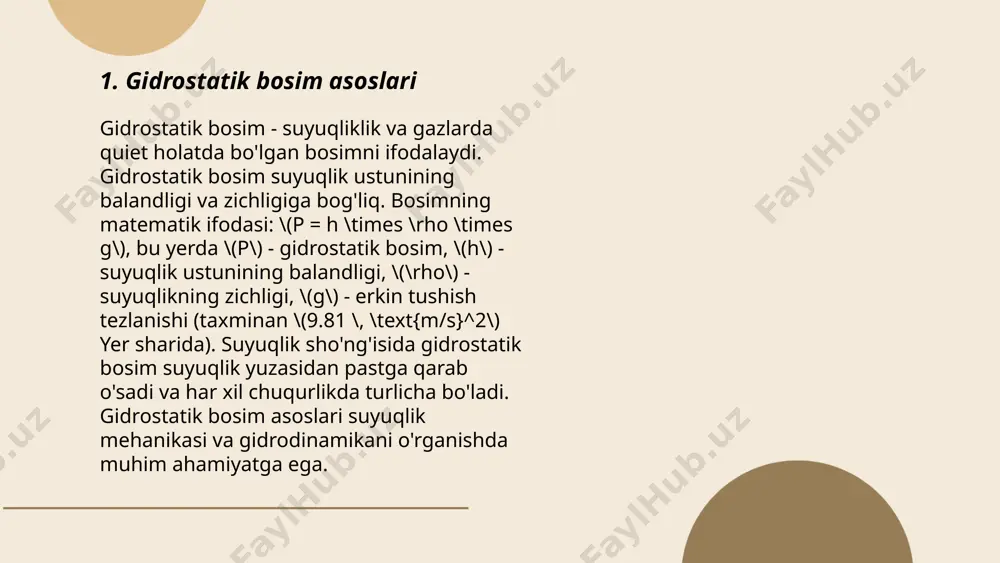 ntial bosim o'lchagichlar ikkita nuqta o'rtasidagi bosim farqini aniqlash uchun ishlatiladi. vakuum o'lchagichlar esa past bosim sharoitlarini o'lchashda qo'llaniladi. ushbu asboblar sanoat, ilmiy tadqiqotlar va kundalik ilovalarda keng qo'llaniladi. ... t.me/slaydai_bot 7. manometr va uning ishlash prinsipi manometr bosimni o‘lchash uchun qo‘llaniladigan asbobdir. u, asosan, gidravlik va pnevmatik tizimlarda ishlatiladi. manometrning ishlash prinsipi deformatsiyalanadigan elementlarning (bordi, membrana yoki quvurchan prujina) bosim ta'siri ostida egilishi va bu egilishning ko‘rsatkichi orqali bosimni aniqlashdan iborat. an’anaviy ko'rsatkichli manometrlarda mexanik o‘q bilan skala ustida ko‘rsatiladi. raqamli manometrlarda esa elektronik sensorlar va displey yordamida bosim ko'rsatiladi. manometrlar har xil o‘lchash diapazoniga ega bo‘lib, ular pastdan juda yuqori bosimgacha turli xil muhitlarda foydalaniladi. to‘g‘ri ishlashi uchun ularning kalibrlanishi va sinovdan o‘tkazilishi muhimdir. ... t.me/slaydai_bot gidrostatika suyuqliklar tinch holatda bo'lganda ularning bosimi va boshqa xususiyatlarini o'rganadi. suyuqlikning ichki bosimi chuqurlikka bog'liq bo'lib, p = ρgh formulasi bilan aniqlanadi, bunda ρ - suyuqlik zichligi (kg/m³), g - erkin …