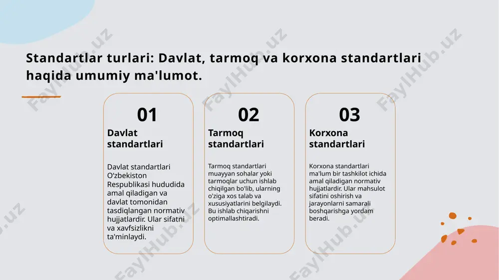 u esa ularning raqobatbardoshligini oshiradi va global iqtisodiyotda muvaffaqiyat qozonish imkonini beradi. davlat va tarmoq standartlarini tasdiqlash tartibi. 01 davlat standartlari davlat standartlarini tasdiqlash jarayoni o‘zbekiston respublikasi qonunlariga muvofiq amalga oshiriladi va bu jarayon davlat organlari tomonidan nazorat qilinadi. 02 tarmoq standartlari tarmoq standartlari muayyan sohalar uchun ishlab chiqiladi va ularni tasdiqlash jarayoni har bir tarmoqning ehtiyojlariga mos ravishda amalga oshiriladi. 03 tasdiqlash jarayoni standartlarni tasdiqlashda asosiy bosqichlar sifatida hujjatlarni tayyorlash, ularni ko‘rib chiqish va davlat ro'yxatidan o'tkazish jarayonlari mavjud. standartlarning amal qilish muddatlari: belgilash va nazorat usullari. 1 amal qilish muddati standartlarning amal qilish muddati, ularning tasdiqlanishida belgilangan vaqt oralig'i bo'lib, mahsulot yoki xizmatning sifatini ta'minlaydi. 2 muddati cheklangan muddati cheklangan standartlar, belgilangan vaqtdan keyin yangilanishi yoki bekor qilinishi lozim, bu esa ishlab chiqaruvchilarga yangiliklarni qabul qilishga yordam beradi. 3 nazorat usullari standartlarning amal qilish muddatlarini nazorat qilish, monitoring va rejalashtirish orqali amalga oshiriladi, bu esa sifatni va xavfsizlikni …