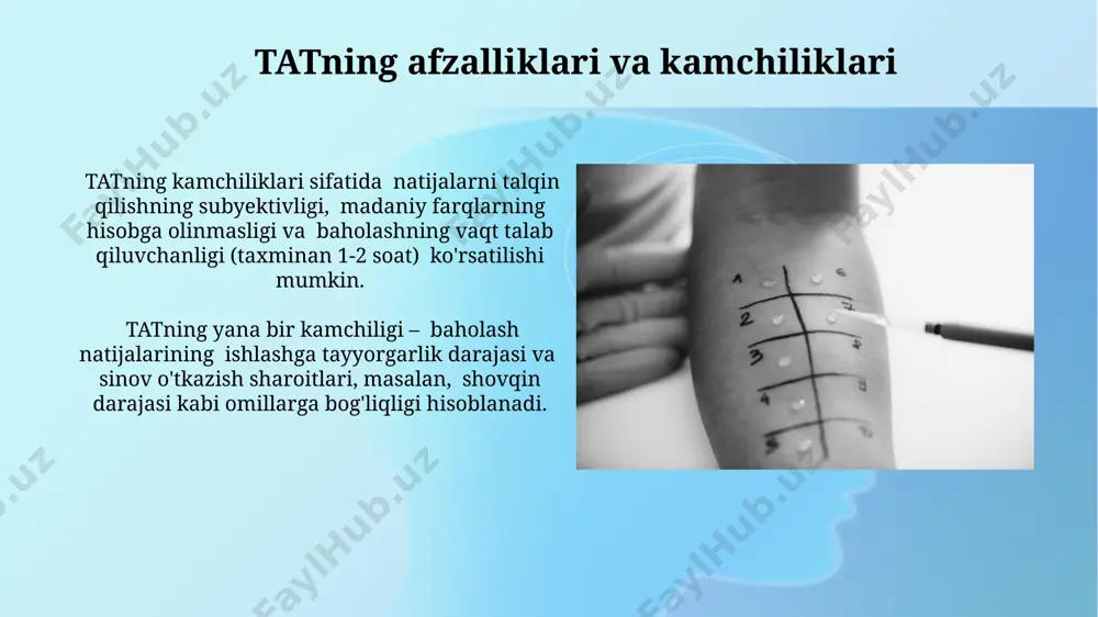 i ijtimoiy qoʻrqinchlarni aniqlash uchun qoʻllaniladi. tatning etik jihatlari tat natijalarini boshqa diagnostika usullari, masalan, mmpi yoki rorschach testi bilan bog‘lash orqali 30% gacha aniqlikni oshirish mumkin, bu esa samarqanddagi klinik amaliyotlarda tasdiqlangan. tatni qo‘llashda 10 dan ortiq karra takrorlash natijalarni buzishi mumkin, chunki respondent charchab, javoblarini o‘zgartirishi mumkin, ayniqsa, toshkentdagi tadqiqotlarda bunday holatlar kuzatilgan. e'tiboringiz uchun rahmat @taqdimot_robot image2.jpg image3.jpg image4.jpg image5.jpg image6.jpg image7.jpg image8.jpg image9.jpg image10.jpg image11.jpg image12.jpg image13.jpg image14.jpg image15.jpg image16.jpg image17.jpg image18.jpg image1.png