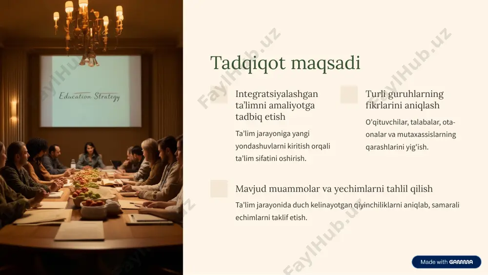 uvchilar o»quv jarayonini yanada boyitish uchun resurslarga muhtoj. https://gamma.app/?utm_source=made-with-gamma asosiy natijalar: talabalar integratsiyalashgan ta'lim qiziqarli 60% talabalar darslarni interfaol va qiziqarli deb baholadi. baholash tizimi 40% talabalar baholash adolatsiz ekanligini bildiradi. qo8shimcha mashg8ulotlarga talab 30% talabalar yanada amaliy mashg'ulotlarni xohlaydi. https://gamma.app/?utm_source=made-with-gamma asosiy natijalar: ota-onalar 1 2 3 ta9lim sifatidan mamnun 80% ota-onalar farzandlarining ta'lim jarayonidan qoniqish bildiradi. qo9da ma9lumot olish istagi 20% ota-onalar ta'lim jarayoni haqida ko'proq ma'lumot istaydi. o'qituvchilar bilan aloqada bo8lish 10% ota-onalar doimiy muloqotni yoqtiradi va uni muhim deb biladi. https://gamma.app/?utm_source=made-with-gamma asosiy natijalar: mutaxassislar 1 integratsiyalashgan ta9lim istiqbolli mutaxassislar ta¼lim tizimida yangi yondashuvni qo»llashni ishonch bilan ko»rmoqda. 2 o8quv rejalarini takomillashtirish loremni o»quv dasturlarini zamonaviylashtirish va amaliyotga moslashtirish zarurati. 3 o8qituvchilar malakasini oshirish malaka oshirish kurslari va treninglar orqali samaradorlikni oshirish. https://gamma.app/?utm_source=made-with-gamma tavsiyalar 1 metodik qo8llanmalar yaratish o»qituvchilar uchun amaliy qo»llanmalar ishlab chiqish va tarqatish. 2 baholash mezonlarini qayta ko8rib chiqish talabalar bahosini adolatli va ochiq tizimga …