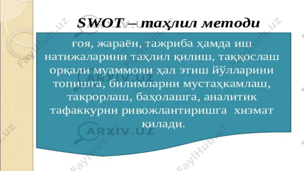 rish uchun ta'lim sohasida samarali qo'llanilishi mumkin bo'lgan kuchli vositadir. ta'limda swot tahlilidan qanday foydalanish mumkin: institutsional daraja: kuchli tomonlari: * tajribali professor-o'qituvchilar * kuchli akademik obro' * yaxshi jihozlangan ob'ektlar * kuchli bitiruvchilar tarmog’i kamchiliklari: * eskirgan o'quv dasturi * resurslarning etarli emasligi * ma'muriy samaradorlikning pastligi * turli xillikning yo'qligi imkoniyatlar: * rivojlanayotgan texnologiyalar * onlayn ta'limga talab ortib bormoqda * xalqaro hamkorlik * hukumat tashabbuslari tahdidlar: * raqobatning kuchayishi * iqtisodiy tanazzul * demografik o'zgarishlar * ta'lim tendentsiyalarining o'zgarishi. ushbu omillarni tahlil qilish orqali ta'lim muassasalari o'zlarining kuchli tomonlarini ishga solish, zaif tomonlarini bartaraf etish, imkoniyatlardan foydalanish va tahdidlarni yumshatish strategiyalarini ishlab chiqishi mumkin. masalan, kuchli professor-o‘qituvchilar tarkibi va eskirgan o‘quv dasturiga ega bo‘lgan muassasa asosiy e’tiborni fakultet tarkibini rivojlantirish va o‘quv dasturlarini yangilashga qaratishi mumkin. image2.png image3.png image4.jpeg image5.jpeg image6.jpeg image1.png /docprops/thumbnail.jpeg
