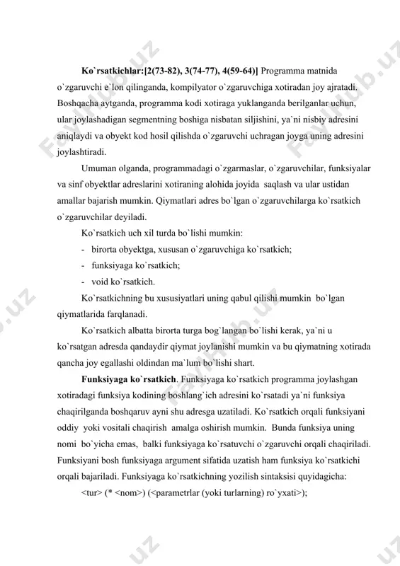 mat turi; * - ko`rsatkich; o`zgaruvchining nomi; -funksiya parametrlarining (yoki ularning turlarining) ro`yxati. masalan: int (*fun)(float,float); bu yerda butun son turida qiymat qaytaradi fun nomidagi funksiyaga ko`rsatkich e`lon qilingan va u ikkita haqiqiy turdagi parametrlarga ega. masala. berilgan butun n=100 va a,b- haqiqiy sonlar uchun f (x)=5sin(3x)+x, f (x)=cos(x) va f (x)=x +1 funksiyalar uchun f(x)dx integralini to`g`ri to`rtburchaklar formulasi bilan taqriban hisoblansin: embed equation.3 h[f(x )+f(x )+…+f(x )], bu yerda h= , x =a +ih-h/2, i=1..n. programma bosh funksiya, integral hisoblash funksiyasi va ikkita matematik funksiyalar – f (x) va f (x) uchun aniqlangan funksiyalardan tashkil topadi, f (x)=cos(x) funksiyaning adresi math.h sarlavha faylidan olinadi. integral hisoblash funksiyasiga funksiyaga ko`rsatkich orqali integrali hisoblanadigan funksiya adresi, a va b –integral chegaralari qiymatlari uzatiladi. oraliqni bo`lishlar soni –n global o`zgarmas qilib e`lon qilinadi. #include # include const int n=100; double f1(double x) {return 5*sin(3*x)+x;} double f3(double x) {return x*x+1;} double integral …