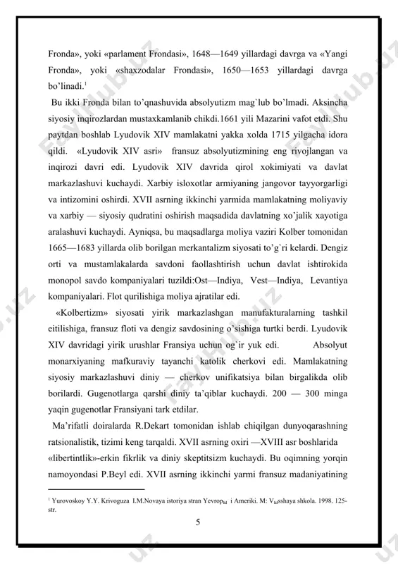 yo’nalishi xukmronlik qilar edi. adabiyotda p.kornel, j.rasin, j.b.moler, me’morchilikda f.mansar ijodlarini ta’kidlash mumkin. xvii asrning oxiri — xvsh asrning boshlarida fransiyani ichki va xalqaro axvoli yomonlashdi. xviii asrda fransiyada kapitalistik munosabatlarning rivojlanishi tezlashdi.bu jarayon bilan bog`liq o’zgarishlar jamoat ongida, jamiyatning ijtimoiy tarkibida bo’lib o’tardi. bunday xolatda sodir bo’layotgan jarayonlar xukumronlik qilayotgan feodal absolyutistik tuzum bilan ziddiyatga kelar edi. bu ziddiyatning chukurlashuvi va keskinlashuvi 1789 yilda boshlangan buyuk fransuz inqilobiga olib keldi. xviii asrning o’rtalariga kelib fransuz ma’rifatchilari feodal absolyut tuzumning ijtimoiy—siyosiy va mafkuraviy ustunlarini ayovsiz tanqidga olib, «idrokda inqilob» yasashdi. ma’rifatchilar o’yg`onish davri gumanistlarining g`oyalarini davom ettirib, jamiyatning asosiy maqsadi-inson baxti deb xisoblarshadi. ma’rifatchilarning daxolari mari fransua volter (1694-1778), sharl lui monteske (1689-1755), deni didro (1719-1784), jan jak ruso (1712-1778), jan mele (1664-1729) va boshqalar edi. ma’rifatchilarning faoliyati xalq ongining inqilob arafasidagi uyg`onishiga katta xizmat qildi. xviiiasr 80 yillar oxiriga kelib fransiyada feodal absolyutik tuzumning inqirozi kuchaydi.mamlakatning ijtimoiy iqtisodiy axvoli …