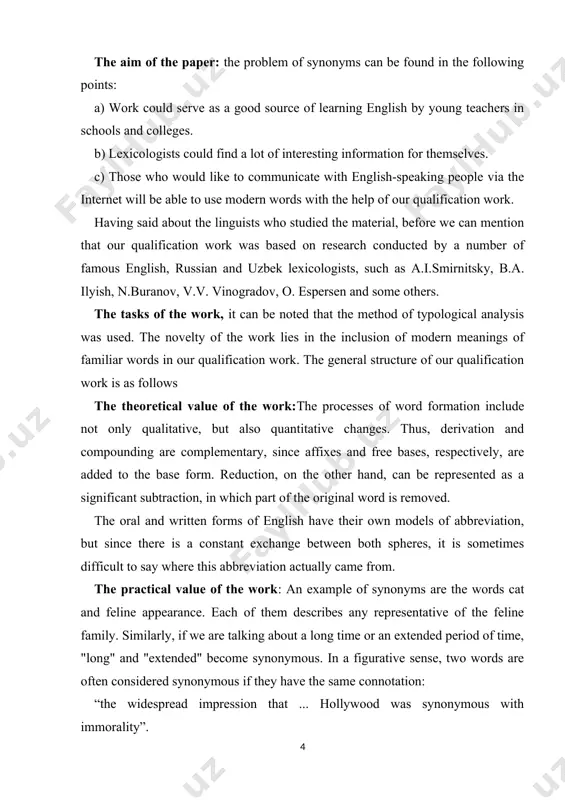 nyms. 1.1 types of synonyms and their specific features. synonyms are words that differ in their external aspects, but are identical or similar in their internal aspects. there are many synonyms in english, because there are many borrowings, for example, hearty / native/ - cordial / borrowing/. after a word is borrowed, it undergoes desinonymization, because absolute synonyms are not needed for the language. however, there are several absolute synonyms in the language that have exactly the same meaning and belong to the same style, for example, groan, groan; homeland, fatherland, etc. in cases of desinonymization, one of the absolute synonyms can specialize in its meaning, and we get semantic synonyms, for example, "city" / borrowed/, "town" / native/. the french loan word "city" is specialized. in other cases, native words can be specialized by their meanings, for example, "stool" /native/, "chair" /french/. sometimes one of the absolute synonyms is …