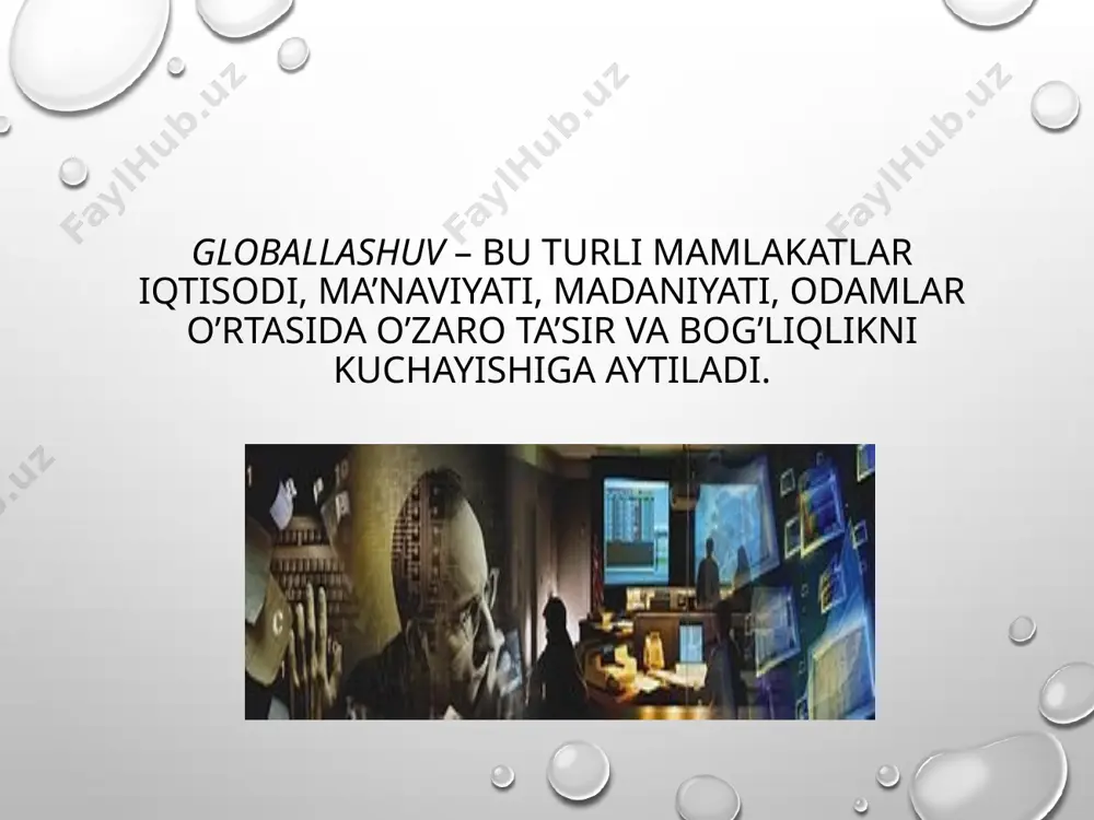hlar endigina boshlanayotganidan guvohlik beradi. globallashuv milliy ma’naviyatga ham ta’sir o’tkazadi. xar qanday siyosat, jumladan, iqtisodiy siyosat va ma’naviyat sohasidagi siyosat ham ilmiy asosga ega bo’lgandagina muvaffaqiyat keltirishini nazarda tutsak bu masalada olimlarimiz siyosatchilarimizga yetarli ko’mak berishlarini e’tirof etishga to’g’ri keladi. mamlakatimizning jahon maydonida olib borayotgan siyosati ko’proq samara va muvaffaqiyat keltirishini istasak globallashuvning mohiyati, yo’nalishlari, xusuyatlarini chuqurroq tadqiq va tahlil qilish zarur. aynan u jarayonni chuqurroq tahlil etish orqali siyosatchilarning to’g’ri yo’l tanlashi va qarorlar qabul qilishi uchun yamkoniyat yaratish mumkin. globallashuv — turli mamlakatlar iqtisodi, madaniyati ma’naviyati, odamlari o’rtasidagi o’zaro ta’sir va bog’liqlikning kuchayishidir. globallashuvga berilgan ta’riflar juda ko’p. lekin uning xususiyatlarini to’laroq qamrab olgani, bizningcha, fransuz tadqiqotchisi b.bandi bergan ta’rif. unda globallashuv ekarayonishshg uch o’lchovli ekaniga urgu beriladi: • globallashuv — muttasil davom etadigan tarixiy ja rayon; • globallashuv — jahonning gomogenlashuvi va univer sallashuvi jarayoni; • globallashuv — milliy chegaralarning "yuvilib ketish" jarayoni. b.bandi ta’rifida keltirilgan …