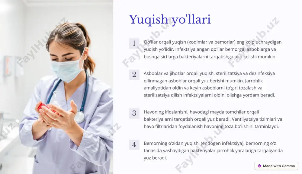 i belgilaydilar. 4 nojo'ya ta'sirlar antibiotiklarni oqilona ishlatish nojo'ya ta'sirlarni kamaytirishga yordam beradi. https://gamma.app/?utm_source=made-with-gamma atrof-muhitni nazorat qilish tozalash xonalarni dezinfeksiya vositalaridan foydalanib muntazam tozalash jarrohlik amaliyotidan oldin va keyin juda muhim. sterilizatsiya jihozlarni to'g'ri sterilizatsiya qilish operatsiya paytida infektsiyani oldini olishga yordam beradi. ventilyatsiya ventilyatsiya tizimini to'g'ri ishlashi, havoning toza bo'lishini ta'minlaydi va bakteriyalarni tarqalishini oldini oladi. tibbiy chiqindilarni to'g'ri utilizatsiya qilish tibbiy chiqindilarni to'g'ri yo'q qilish, infektsiya tarqalishining oldini olishga yordam beradi. https://gamma.app/?utm_source=made-with-gamma kuzatuv va monitoring 1 2 3 4 aniqlash gospital infektsiyalarni aniqlash tizimi, bemorlarni kuzatish va laboratoriya tekshiruvlari infektsiyani erta aniqlashga yordam beradi. to'plash infektsiya nazorati bo'yicha ma'lumotlarni to'plash, tahlil qilish va baholash, infektsiyalarni oldini olish strategiyasini takomillashtirishga yordam beradi. baholash profilaktika choralarini takomillashtirish va yangi usullarni qo'llash, gospital infektsiyalarni kamaytirishga olib keladi. monitoring epidemiologik monitoring infektsiyalarni kuzatish va tarqalishining oldini olishga yordam beradi. https://gamma.app/?utm_source=made-with-gamma xulosa va tavsiyalar 1 profilaktika gospital infektsiyalarni oldini olish bemorlarning sog'lig'i uchun …