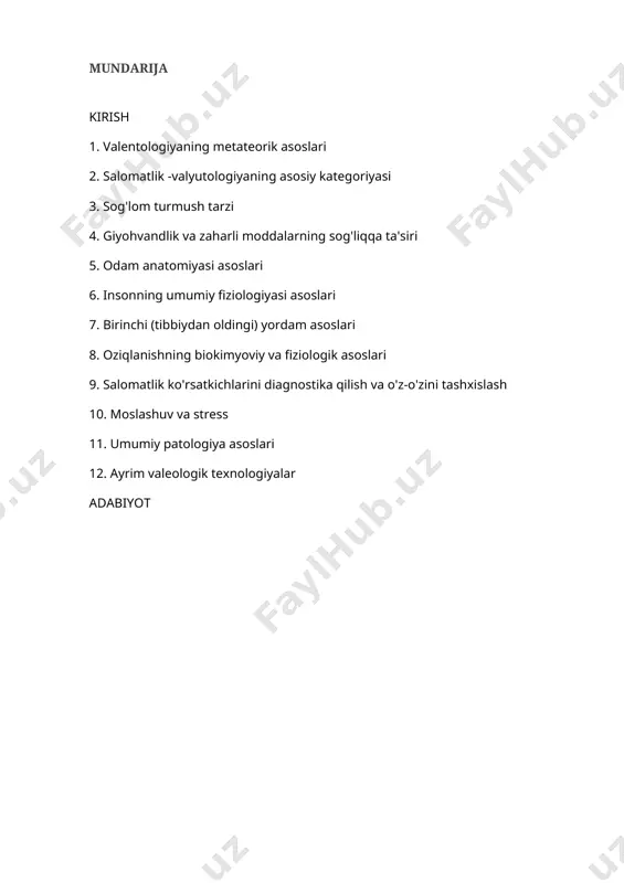 ologik, ekologik, iqlim va boshqa o'zgarishlar sur'atlarining tezlashishi bilan bog'liq bo'lgan insoniyat hayotida yangi voqeliklarning paydo bo'lishi, albatta, yangi hayotning shakllanishiga olib keladigan (va allaqachon olib keladi) qonuniyatdir. aholi salomatligi holatidagi muammolar. inson hayoti jamiyatning eng oliy qadriyati bo'lganligi sababli, shaxsning xususiyatlari, fazilatlari, holatlari yig'indisi nafaqat shaxsning, balki jamiyatning ham qadridir. bu har bir inson salomatligini ijtimoiy boylikka aylantiradi. "inson va uning salomatligi" muammosini tahlil qilishda integral, fanlararo yondashuvni amalga oshirishda valeologik bilimlar alohida ahamiyatga ega bo'ladi. yangi strategiyaning asosini qiymatshunoslik tashkil etadi, uning nazariy va amaliy yutuqlari shaxs salomatligini boshqarish, uning o'zini o'zi tashkil etish mexanizmlarini mustahkamlash va uyg'unlashtirishdir. valeologiya yaqin kelajakda sog'liq muammolarini hal qilishda samarali bo'lishi mumkin bo'lgan usul va vositaga aylanishi kerak. agar siz shoshilinch choralar ko'rmasangiz, inson salomatligini davlat uchun ustuvor vazifa deb bilmasangiz, millatning jismoniy tanazzulga uchrashi tufayli jamiyatimiz hayotining boshqa barcha muhim jabhalari yaqinda hech kimni tashvishga solmasligi mumkin. hozirda valeologiya nisbatan yangi …
