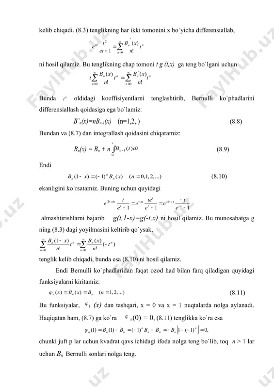 hosilaga ega bo`lsa, u holda bu yerda a < < b isbot. birinchi punktda funksiyaning da o`z ishorasini saqlashini ko`rgan edik. shuning uchun ham integralda umumlashgan o`rta qiymat haqidagi teoremani qo`llash mumkin: bu yerda . agar m va m orqali ning [a, b] dagi eng katta va eng kichik qiymatlarini belgilasak u holda ko`rinib turibdiki, lekin funksiya uzluksiz bo`lganligi uchun [a, b] oraliqda shunday nuqta topiladiki, tenglik bajariladi. buni (8.30) ga va (8.30) ni (8.28) ga qo`ysak, (8.29) kelib chiqadi va shu bilan teorema isbot bo`ldi. ta`kidlab o`tamizki, (8.29) da k = 1 deb olsak , u holda u trapetsiyalar formulasining qoldiq hadiga aylanadi. 4-teorema. agar barcha х [a, b] uchun (8.31) tengsizliklar bajarilsa, u holda eyler-makloren formulasi qoldiq hadining ishorasi sonning ishorasi bilan ustma-ust tushib, ning absolyut qiymati (8.32) ning absolyut qiymatidan ortmaydi. isbot. eyler-makloren formulasidan kelib chiqadi. 1-teoremaga ko`ra: bundan va (8.31) dan foydalangan holda, (8.28) dan ma`lum …