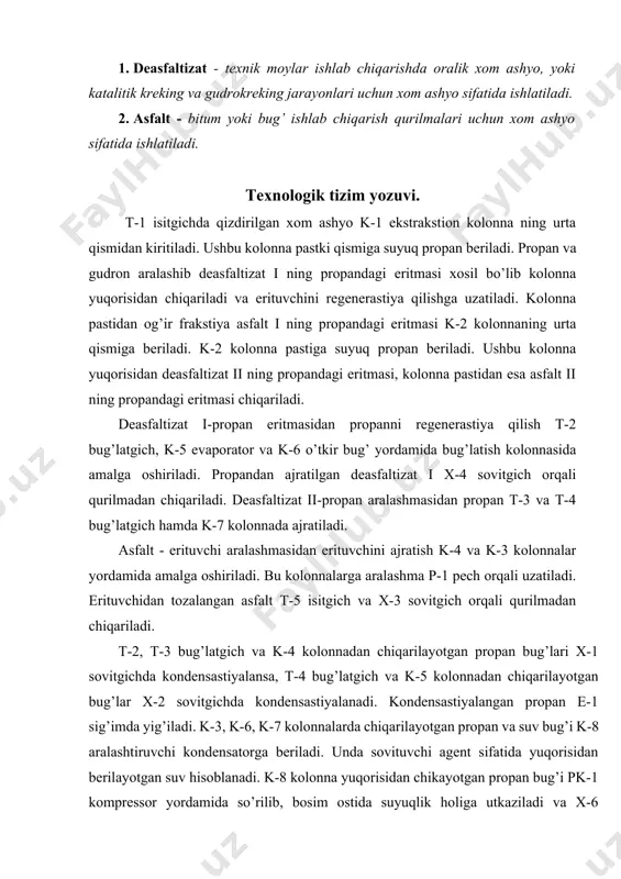 maga qaytariladi. propanning bir qismi ishkor yordamida oltingugurt brikmalaridan tozalash uchun qurilmadan chiqariladi. texnologik rejim ekstrakstiya bloki i-bosqich (k-1) ii-bosqich (k-2) propan: xom ashyo xajmiy nisbati 6:1 8:1-10:1 bosim, kgs/sm2 42-46 38-42 kolonna yuqorisidagi temperatura 0s 80-88 70-75 kolonna pastidagi temperatura 0s 50-65 45-55 kundalang kesim yuzi yuklamasi, m3/(m2 soat) 35-45 regenerastiya bloki k-3, k-6, k-7 kolonnalardagi bosim, - 1 kgs/sm 52 t-3, t-3 bug’latgich va k-4 kolonnadagi bosim - 27 kgs/sm 52 t-4 bug’latgich va k-5 kolonnadagi bosim - 18 kgs/sm 52 temperatura: t-3, t-3 bug’latgichda - 50-100 0s; t-4 bug’latgichda - 150 0s 19-rasm. gudronni deasfaltizatsiyalash texnologik tizimi i-xom ashyo; ii-propan; iii-birinchi bosqich deasfal’tizati; iv-ikkinchi bosqich deasfal’tizati; v-asfal’t; vi-suv bug’i; vii-suv; viii-ishqorli tozalashga yuboriladigan propan moy frakstiyalarini juft erituvchilar-astetotoluol ishtirokida deparafinlash jarayoni texnologik tizimi tasnifi ikki bosqichda filtrlash yo’li bilan moylarni moy frakstiyalarini juft erituvchilar- astetotoluol ishtirokida deparafinlash qurilmasida past qotish temperaturali moy va ikkinchi bosqichda gach va …