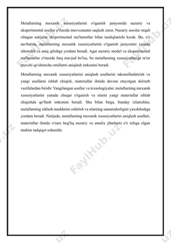 l metod - termal testlar. termal testlar metallning haroratga bo'lgan reaktsiyasini o'rganishga qaratilgan. ushbu testlar davomida metallning haroratini oshirib, uning mexanik xususiyatlaridagi o'zgarishlar kuzatiladi. termal testlar, shuningdek, metallning qizdirilish va sovutish jarayonlarida qanday o'zgarishini o'rganishga yordam beradi, bu esa metallning ishlash sharoitlariga tayyorlashda muhim rol o'ynaydi. metallarning mexanik xususiyatlarini aniqlashda qo'llaniladigan eksperimental metodlar orasida mikroskopik tahlil usullari ham mavjud. ushbu usullar metallning mikrostrukturasini o'rganish uchun ishlatiladi va metallning mexanik xususiyatlari bilan bog'liq bo'lgan ichki tuzilishini aniqlash imkonini beradi. mikroskopik tahlil usullari orqali metallning kristall tuzilishi, fazoviy taqsimlanishi va boshqa xususiyatlari aniqlanadi, bu esa metallning mexanik xususiyatlarini belgilovchi muhim omil hisoblanadi. metallarning mexanik xususiyatlarini aniqlashda eksperimental metodlarni tanlashda ularning aniqligi va ishonchliligi muhim ahamiyatga ega. har bir metodning o'ziga xos afzalliklari va kamchiliklari bor, shuning uchun ularni birgalikda qo'llash metallarning mexanik xususiyatlarini aniqlashda yanada keng qamrovli va aniq natijalar olish imkonini beradi. shu bilan birga, metallarning mexanik xususiyatlarini aniqlashda eksperimental metodlarning …