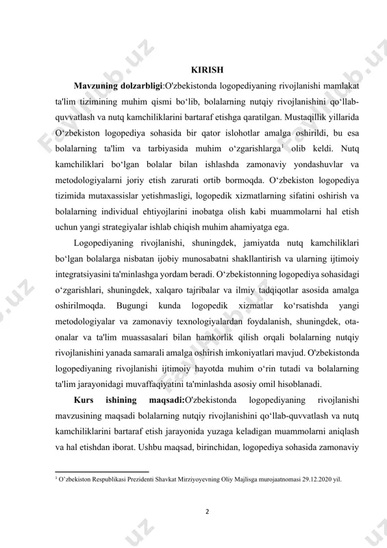 0 yil. ] logopediyaning rivojlanishi, shuningdek, jamiyatda nutq kamchiliklari bo‘lgan bolalarga nisbatan ijobiy munosabatni shakllantirish va ularning ijtimoiy integratsiyasini ta'minlashga yordam beradi. o‘zbekistonning logopediya sohasidagi o‘zgarishlari, shuningdek, xalqaro tajribalar va ilmiy tadqiqotlar asosida amalga oshirilmoqda. bugungi kunda logopedik xizmatlar ko‘rsatishda yangi metodologiyalar va zamonaviy texnologiyalardan foydalanish, shuningdek, ota-onalar va ta'lim muassasalari bilan hamkorlik qilish orqali bolalarning nutqiy rivojlanishini yanada samarali amalga oshirish imkoniyatlari mavjud. o'zbekistonda logopediyaning rivojlanishi ijtimoiy hayotda muhim o‘rin tutadi va bolalarning ta'lim jarayonidagi muvaffaqiyatini ta'minlashda asosiy omil hisoblanadi. kurs ishining maqsadi:o'zbekistonda logopediyaning rivojlanishi mavzusining maqsadi bolalarning nutqiy rivojlanishini qo‘llab-quvvatlash va nutq kamchiliklarini bartaraf etish jarayonida yuzaga keladigan muammolarni aniqlash va hal etishdan iborat. ushbu maqsad, birinchidan, logopediya sohasida zamonaviy metodologiyalarni va innovatsion yondashuvlarni joriy etish orqali amalga oshiriladi. ikkinchidan, logopedik xizmatlarning sifatini oshirish va mutaxassislarning bilim va ko‘nikmalarini takomillashtirish orqali bolalarning individual ehtiyojlariga mos xizmatlar ko‘rsatish imkoniyatlarini yaratishdir. kurs ishining vazifasi:o'zbekistonda logopediyaning rivojlanishi mavzusining vazifasi bolalarning nutqiy …