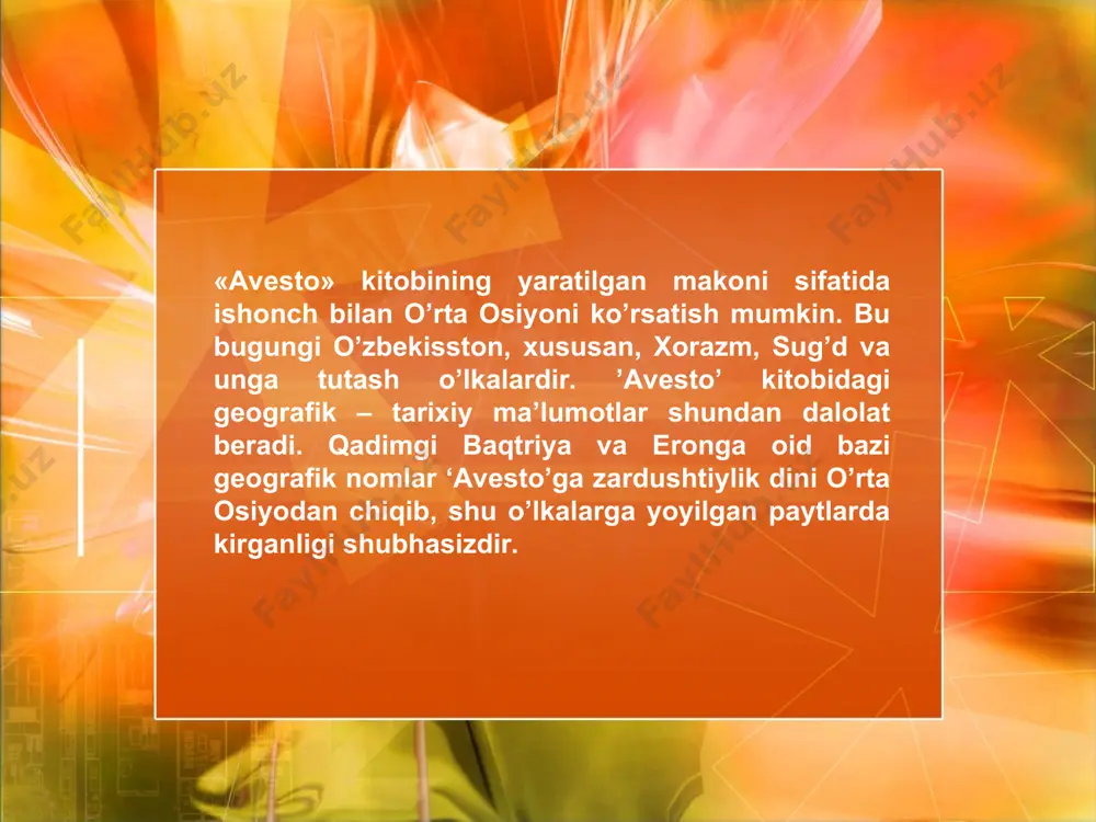 uyg’unlashadi, hayotda yangi kun – navro’z boshlanadi. shu kuni birinchi bor olov kashf qilingan va otashgohda olov yoqilgan. demak, «avesto» tasavvuricha olam olyi bosqichda vujudga kelgan, har bir bosqich besh kun davom etgan. astumand dunyosi, yani real dunyoning yaratilish jarayoni bir yil davomida o’ttiz kunda sodir bo’ldi. shu kabi tasavvurlarning turli ko’rinishlari barcha dinlarga xosdir.