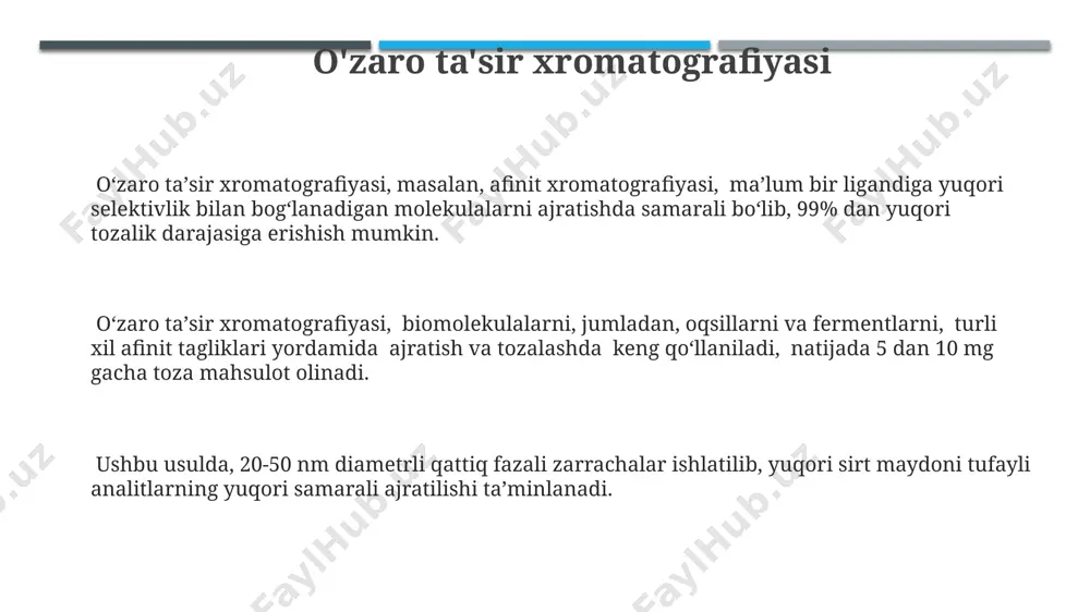 . gaz xromatografiyasi (gx) va mass-spektrometriya (ms) kombinirovkalari yordamida 1000 dan ortiq organik birikmalarni aniqlash va miqdorini aniqlash mumkin bo'lib, atrof-muhitni monitoring qilishda muhim rol o'ynaydi. mikro- va nano-xromatografiya usullarining rivojlanishi, analitlarning minimal miqdorini tahlil qilish imkonini berib, tibbiyot va biotexnologiya sohalarida yangi imkoniyatlar ochmoqda. xromatografik usullarni qo'llash sohalari oziq-ovqat mahsulotlarida 20 dan ortiq pestisid va zaharli moddalarni aniqlashda yuqori samarali suyuqlik xromatografiyasi (yuqx) kabi xromatografik usullar muhim rol oʻynaydi. biokimyoviy tadqiqotlarda oqsillarni ajratish va tozalashda, masalan, 5 kda dan kam molekulyar massali peptidlarni aniqlashda gel-filtrlash xromatografiyasi muhim ahamiyatga ega. xromatografiya usullari yordamida 100 dan ortiq turdagi kimyoviy birikmalarni, shu jumladan, farmatsevtika preparatlarini va atrof-muhit namunalarini tahlil qilishda keng qoʻllaniladi. planar xromatografiya planar xromatografiya, masalan yupqa qatlamli xromatografiya (yuqx) yoki yuqori samarali yupqa qatlamli xromatografiya (yusyuqx), 10 dan ortiq komponentlarni ajratishga qodir boʻlib, analitik va tayyorgarlik maqsadlarida qoʻllaniladi. planar xromatografiya usuli, elüentning turini va miqdorini, shuningdek, stasionar fazani tanlash orqali, …