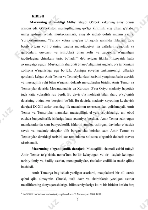 ning maqsad va vazifalari: ushbu bitiruv malakaviy ishning asosiy maqsadi amir temur va temuriylar davri tarixini tarixiy va yozma manbalar asosida xolisona tadqiq etish. ushbu maqsaddan kelib chiqib quyidagi vazifalar belgilab olindi birinchidan: xiv asrning ikkinchi yarimida movaraunnaxrdagi ijtimoiy-siyosiy vaziyatni tahlil etish. ikkinchidan: amir temur davlatidagi siyosiyo, ijtimoiy-iqtisodiy munosabatlar tarixini o‘rganish. uchinchidan: amir temur va temuriylar davridagi tashqi savdo munosabatlarini tahlil etish. to`rtinchidan: temur va temuriylar davridagi ilm-fan va madaniy xayotni ko‘rib chiqish. beshinchidan: amir temur va temuriylarning jahon tarixida tutgan o‘rnini o‘rganishdan iborat. bmining nazariy-uslubiy asosi: o‘zbekiston respublikasi vazirlar mahkamasi 1996 yilning oktabrida amir temur tavalludning 660 yilligini keng nishonlash to‘g‘risida maxsus qaror qabul qildi. ushbu qarorda “o‘zbekiston respublikasi davlat matbuot qo‘mitasi amir temur va uning davri fani, va san’atiga oid yangi asarlarni, shu jumladan chet ellarda nashr etilgan adabiyotlardan namunalarni nashr etishni o‘z rejasiga kiritsin» [footnoteref:3]deyiladi. [3: “xalq so‘zi” 1996 y, 1 aprel.] mavzuning manbalari mavzuni o‘rganish jarayonida …