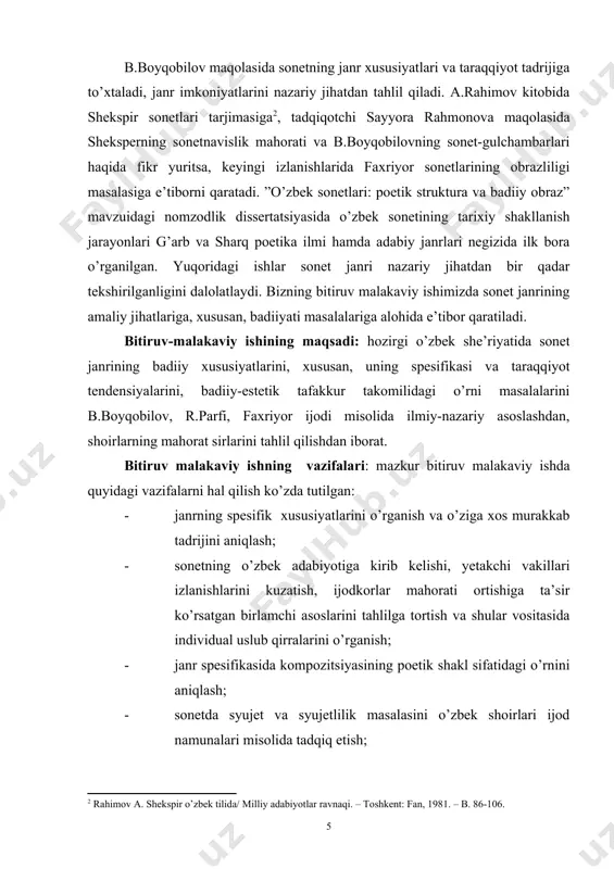rfi, faxriyor asarlarining poetik xususiyatlari umumlashtirilganida; - hayotni, voqelikni aks ettirishda, insonni tushunishda, tushuntirishda badiiy so’z nechog’lik keng, teran imkoniyatlarga ega ekanligini sonet misolida ilmiy isbotlashga erishiganligida; - mazkur janrning hozirgi o’zbek lirikasi taraqqiyotida tutgan o’ziga xos o’rnini munosib ko’rsatib berishda. bitiruv malakaviy ishning amaliy ahamiyati: ishning nazariy xulosalari xx asrning ikkinchi yarmi va hozirgi o’zbek lirikasining o’ziga xos tendensiyalarini tasavvur etish, ushbu jarayonda sonet janrining, nufuzli o’rnini belgilash, boshqa janrlar bilan o’zaro aloqasi va ta’siri imkoniyatlarini aniqlashda, bu borada b.boyqobilov, r,parfi, a.sher, m.mirzo, faxriyor izlanishlari o’zbek sonet maktabini yuzaga keltirganini yoritish hamda amaliy ahamiyatga ega. mazkur bitiruv malakaviy ishdan litsey, kollej, maktablarda modern adabiyoti va mustaqillik davri o’zbek she’riyatini o’rganayotganda va mavzu yuzasidan ma’ruza referatlar yozishda foydalanish mumkin. ishdagi ilmiy fikr-mulohazalar, nazariy umumlashmalar sonet janri haqidagi qarashlar, nazariy muammolarni hal etishda yordam beradi. natijalarning joriy qilinishi. tadqiqot natijalaridan o’quv qo’llanmalar tuzishda, maxsus kurslar o’qishda, o’zbek adabiyotshunosligi va adabiy tanqidchiligida, …
