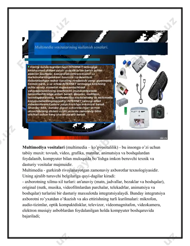 aviy kompyuter texnologiyalaridan foydalanish taxsinga sazovordir. o’z o’rnida, multimedia vositalaridan keng foydalanish yo’lida ayrim ob'yektiv muammolar ham mavjud. bulardan eng asosiysi - o’quvchilar uchun kerak bo’lgan o’quv materiallarini, qonunlarni va boshqa ko’rsatmalarni qo’llanma qilib kompyuter dasturlarini ishlab chiqarishdir. ishlab chiqilgan kompyuter dasturlarida multimedia elementlarini qo’llash esa, kompakt disklarni (lazer disklari) qo’llashni talab qiladi. xozirgi kunda bunday ko’rinishdagi kompakt disklarni respublikamizda ishlab chiqarish imkoniyati yo’qdir. bular ma'lum bir miqdordagi mablag’ni oldindan jalb etishni talab qiladi. bizning fikrimizcha, zamonaviy kompyuter texnologiyalaridan o’quvchilarga ta'lim berish va qayta tayyorlash jarayonida keng foydalanish, kelajakda yetuk va yuqori malakali mutaxassislarni kamol toptiradi. distant uslubi asosida o’quvchilarni o’qitish xozirgi kunning eng rivojlanib borayotgan yo’nalishlaridan bo’lib, o’qituvchi bilan o’quvchilar ma'lum bir masofada joylashgan holda ta'lim berish tizimidir. o’qituvchi va o’quvchining ma'lum bir masofada joylashganligi, o’qituvchini dars jarayonida kompyuterlar, sputnik aloqasi, kabel televideniyesi kabi vositalar asosida o’quv ishlarini tashkil qilishini talab qiladi. zamonaviy kompyuter texnologiyalarining tez rivojlanib borishi, ayniqsa, …