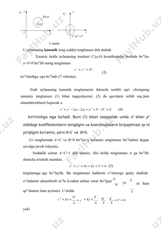 htiramiz. u holda fokuslar f1(-c;0), f2(c,0) koordinatalarga ega bo‟ladi (2-rasm). endi shu ellipsning tenglamasini keltirib chiqaramiz. m(x,y) ellipsning ixtiyoriy nuqtasi bo‟lsin. ta„rifga ko‟ra m nuqtadan ellipsning fokuslari f1 va f2 gacha masofalarning yig‟indisi o‟zgarmas son 2a ga teng, ya„ni mf1+mf2=2a. ikki nuqta orasidagi masofani topish formulasiga ko‟ra 2-rasm mf1  (x  c)2  y2 , ( ( x  c ) 2  y 2 )mf2  bo‟lgani uchun ( ( x  c ) 2  y 2 ) ( ( x  c ) 2  y 2 ) 2a yoki ( ( x  c ) 2  y 2 ) ( ( x  c ) 2  y 2 ) 2a  kelib chiqadi. oxirgi tenglikning ikkala tomonini kvadratga ko‟tarib ixchamlaymiz: ( ( x  c ) 2  y 2 )(x  c)2  y2  (2a)2  2  2a x2  …