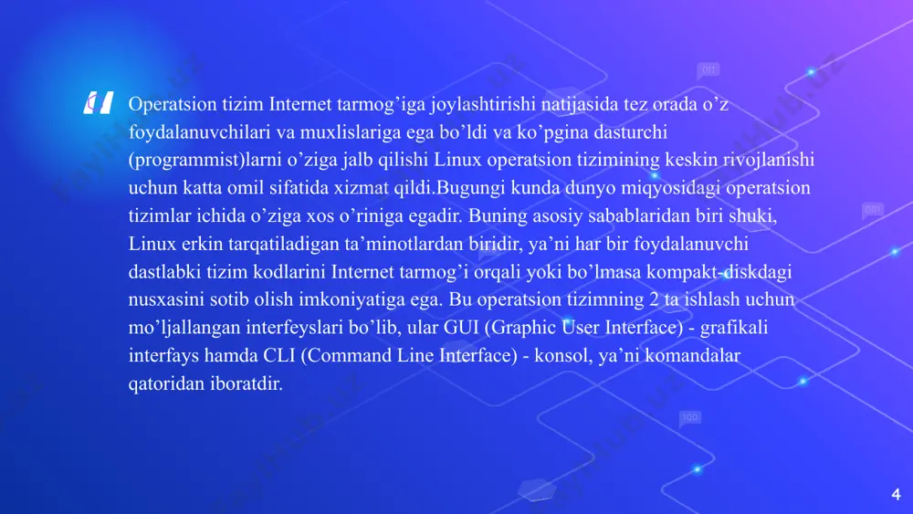 urli xilligi. dasturiy ta’minotlarning turli xil to’plamlari bilan ta’minlanganligi. 17 18 gnu/linuxning bir nechta mashhur versiyalari: 19 e’tiboringiz uchun rahmat 20 image1.png image5.png image6.png image7.png image8.png image9.png image10.jpg image4.png image3.png image11.jpg image12.png image2.png image13.png image14.png image15.png image16.jpg image23.png image24.png image17.png image18.png image19.png image20.png image21.png image22.png image25.jpeg image26.jpeg image27.png image28.jpeg image29.crdownload