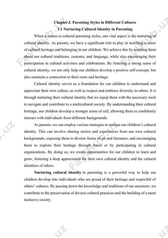 hape how parents raise their children, reflecting the diverse approaches found in different cultures around the world. cultural parenting styles have a profound impact on child development as each culture has its own beliefs about effective parenting, which influence the strategies and techniques used by parents. these different approaches can influence various aspects of child development, including social skills, self-esteem, and academic performance. nurturing cultural identity is important in parenting as it helps instill a sense of cultural heritage and belonging in children. by teaching cultural traditions, customs, and language, and encouraging participation in cultural activities and celebrations, parents help children develop a positive self-concept and maintain a connection to their roots and heritage. an authoritative parent set high clear standards for their children. they respected their children’s opinions and concerns and offered plenty of support and encouragement. this style is often referred to as the balanced or “democratic” style. …