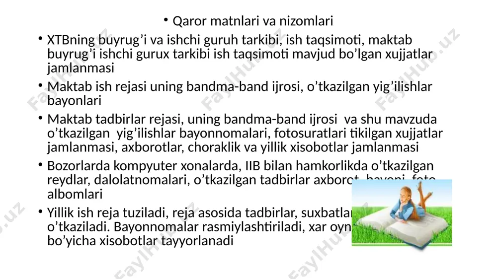 g’risida”gi pq-2988-sonli qarori o’zbekiston respublikasi prezidentining 2019 yil 31 iyuldagi “odam savdosiga va majburiy mexnatga qarshi kurashish tizimini yanada takomillashtirishga oid qo’shimcha chora-tadbirlar to’g’risida”gi farmoni xtbning buyrugi, maktabning buyrug’i, ishchi gurux tarkibi, tadbirlar rejasi bandma-band ijrosi ishchi guruxi ish rejasi uning ijrosi o’tkazilgan yig’ilishlar bayoni, axboroti, foto albomi, yig’ilishlar qarorlari, ijrosi a) turi, b) soni, v) katnashganlar soni xududdagi chet elga ketgan oilalar ularni farzandlari xaqida ma’lumotlar yuqori tashkilotlardan kelib tushayotgan xat va buyruqlar bilan ishlash, yillik reja tuziladi, reja asosida tadbirlar, suxbatlar, yig’ilishlar, o’tkaziladi. bayonnomalar rasmiylashtiriladi, xar oyning yakuni bo’yicha xisobotlar tayyorlanadi ichki ro’yxatga olingan o’quvchilar bilan ishlash bo’yicha hujjatlar yig’ma jildi ro’yxatga olingan xar bir o’quvchining shaxsiy hujjatlari banki ro’yxatga olingan o’quvchilar bilan olib boriladigan ishlar yuzasidan maktab rejasi ro’yxatga olingan o’quvchilarni to’garaklarga biriktirish, murabbiylar biriktirish (jadval ko’rinishida) sinf raxbarining olib borayotgan ishlari, o’quvchining uyiga tashrif, mahalla bilan olib borilayotgan ishlar, dalolatnoma, ota-ona bilan suhbat natijalari diniy ekstirimzm …