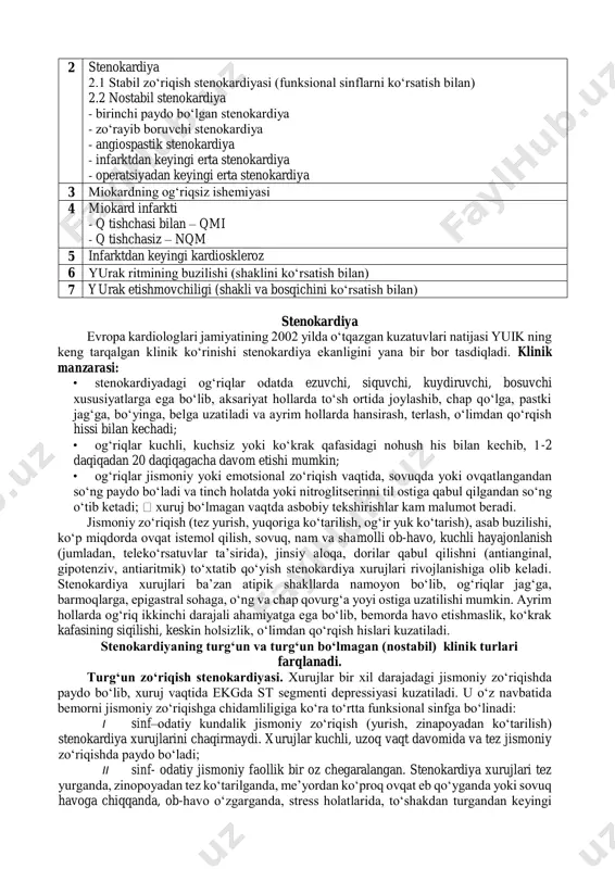 zararlanishi bilan bog‘liq bo‘lgan ko‘krak qafasidagi og‘riqlar ushbu guruh kasalliklarining asosini yuik tashkil etib uav faoliyatida eng ko‘p uchraydigan patologik holatlardan biri hisoblanadi. biz uning turli shakllariga to‘xtashdan oldin o‘zbekiston kardiologlarining iv s’ezdida qabul qilingan yuikning klassifikatsiyasini keltirishni maqsadga muvofiq deb topdik. 1-jadval yurak ishemik kasalligining klassifikatsiyasi (o‘zbekiston kardiologlarining iv s’ezdida o‘zgartirishlar kiritilgan, 2000 yil) 1 to‘satdan yuz bergan koronar o‘lim (yurakning birlamchi to‘xtashi) 2 stenokardiya 2.1 stabil zo‘riqish stenokardiyasi (funksional sinflarni ko‘rsatish bilan) 2.2 nostabil stenokardiya - birinchi paydo bo‘lgan stenokardiya - zo‘rayib boruvchi stenokardiya - angiospastik stenokardiya - infarktdan keyingi erta stenokardiya - operatsiyadan keyingi erta stenokardiya 3 miokardning og‘riqsiz ishemiyasi 4 miokard infarkti - q tishchasi bilan – qmi - q tishchasiz – nqm 5 infarktdan keyingi kardioskleroz 6 yurak ritmining buzilishi (shaklini ko‘rsatish bilan) 7 yurak etishmovchiligi (shakli va bosqichini ko‘rsatish bilan) stenokardiya evropa kardiologlari jamiyatining 2002 yilda o‘tqazgan kuzatuvlari natijasi yuik ning keng tarqalgan klinik …
