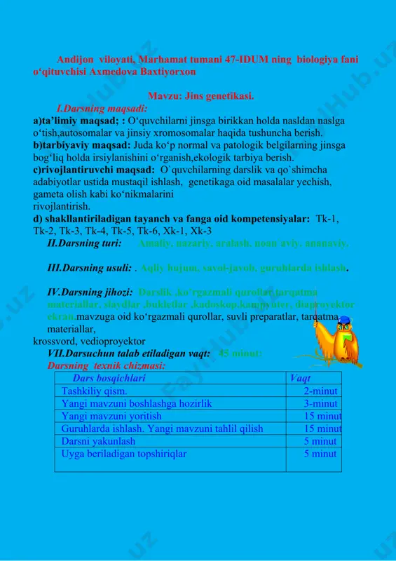 biologiya uchun nazariy va ilmiy –amaliy ahamiyatga ega.koʻpchilik ayrim jinsli organizmlarning erkak va urgʻochilarida xromosomalar bir xil emas. erkak va urgʻochilarda farq qilmaydigan xromosomalar autosoma deyiladi. bir –biridan farq qiladigan xroosomalar esa jinsiy xromosoma deyiladi.morgan va uning shogirdlari jinsiy xromosomalar orqali jinsni aniqlash bilan birga jinsga bogʻliq holda irsiylanishni ham aniqladilar.jinsiy xromosomalarda joylashgan genlar ishtirokida rivojlangan belgilar jinsga bogʻliq holda irsiylanadi. masalan, odamda, gemofileya va daltonizm kasalliklarini belgilovchi genlar x-xromosomada birikkan holda irsiylanadi. 1-nazorat topshirigʻi: “blits soʻrov”. № savol: javob: 1 genlarning birikan holda nasldan naslga oʻtishini qaysi olim oʻrgangan? 2 drozofila pashshasida xromosomalar soni qancha boʻladi? 3.odamda xromosomalrning birikkan guruhi nechta? 4.drozofila pashshasida gomologik xromosomalarning chalkashishi va qismlarining almashinishi qaysilarida sodir boʻladi. 5.drozofila pashshasi har necha kunda yangi nasl beradi? 6 birikkan genlar guruhining soni makkajoʻxorida nechta boʻladi? 7 tahliliy chatishtirish uchun qaysi jinsli pshshalarni olish kerak? 8 bir xromosomada joylashgan genlarning birikish hodisasi qanday qonun nomi bilan mashhur? …