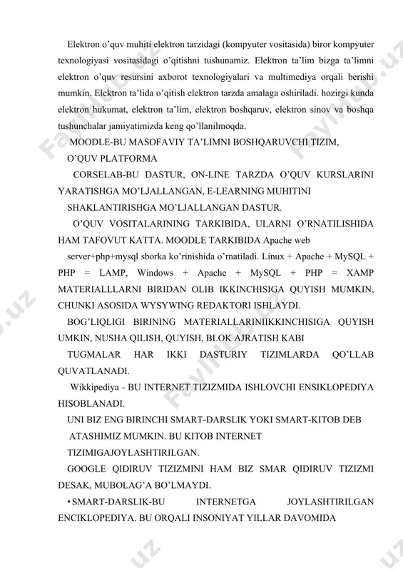 atashimiz mumkin. bu kitob internet tizimigajoylashtirilgan. google qidiruv tizizmini ham biz smar qidiruv tizizmi desak, mubolag’a bo’lmaydi. · smart-darslik-bu internetga joylashtirilgan enciklopediya. bu orqali insoniyat yillar davomida yig’gan bilimlarni topish va ko’rish mumkin.barcha soha va yonalishlarga oid materiallar jamlangan. darslik-bu namunaviy reja asosida ajratilgan mavzularni nng mazmunini to’liq qamrab oluvchi darslik. · o’quv qo’llanmada ham mazmun namunaviy dasturdagi mavzularni qat’iy yoritishi kerak. o’quv slubiy qo’llanma namunaviy dasturda korsatilgan mavzularning biror bobiga qarshli yoki ayrimlarini qamrab olib, ularning metodikasini, o’qitish uslubiyotini yoritib berishi zarur. • · elektron darslikka unesko ta’rifiga asosan (internet manbalariga murojaat qilsak): elektron darslik-bu e-learning muhitidagi ta’limni amalga oshiruvchi axborot texnologiyalari va multimedia asosida o’qitishni ta’minlovchi darslik. darslik-bu ta’lim resursi hisoblanadi. elektron darslik-kompyuter orqali o’qitishga mo’ljallangan ta’lim resursidir. elektron darslik o’zining metodik-tashkiliy, bilimlarni o’rgatuvchi, bilimlarni nazorat qiluvchi va hulosa qiluvchi hamda natijani beruvchi qismlariga ega. har bir elektron darslikda muqova, uni kim yaratganligi haqida, mualliflar haqida ma’lumot, nazariy …