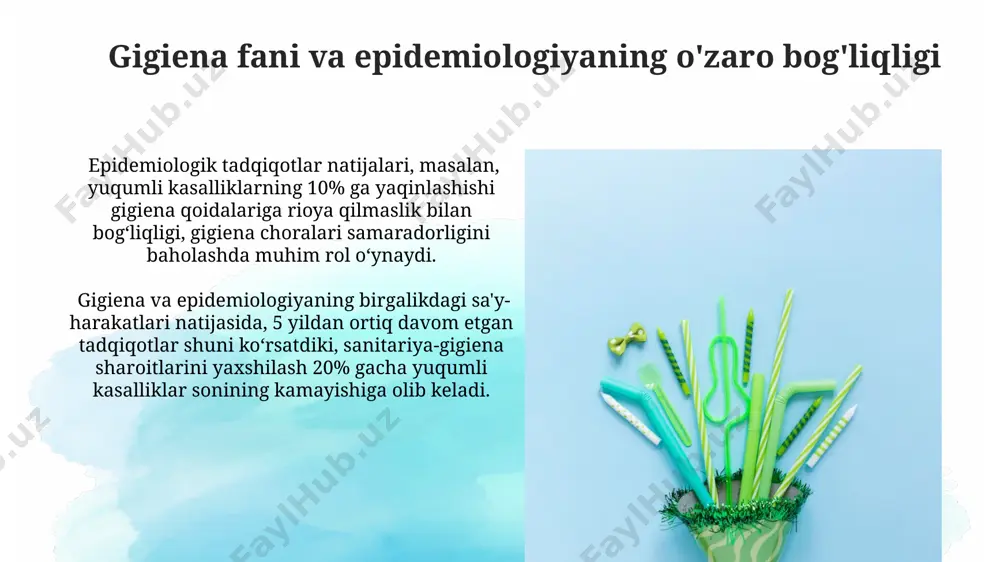 og'liqligi gigiena fani 20 dan ortiq turdagi kasalliklarning oldini olishda kimyoviy moddalar va dezinfektsiyalovchi vositalardan foydalanishni o'rganadi, bu esa kimyo fanining amaliy qo'llanilishi hisoblanadi. gigiena fanida suv va havo sifatini tahlil qilishda fizikaviy va kimyoviy usullar qo'llaniladi, bu esa atrof-muhit monitoringi va sog'liqni saqlashni yaxshilashda muhim rol o'ynaydi. gigiena fani va sanitariya texnikasining o'zaro bog'liqligi gigiena fani inson organizmining fiziologiyasi va anatomiyasi bilan chambarchas bog'liq bo'lib, 10 dan ortiq organ tizimining normal ishlashini ta'minlash uchun sanitariya-gigiyena qoidalari ishlab chiqiladi. mikrobiologiya gigiena fanining asosiy tarkibiy qismidir, chunki 10⁶ dan ortiq turdagi mikroorganizmlar inson salomatligiga ta'sir ko'rsatishi mumkin va ularning tarqalishini oldini olish uchun gigiyena chora-tadbirlari qo'llaniladi. gigiena fani va tibbiyotning o'zaro bog'liqligi gigiena fanining epidemiologiya bilan chambarchas bog'liqligi yuqumli kasalliklarning tarqalishini 30% ga kamaytirishga yordam beradi, chunki gigiena choralarining samaradorligi epidemiologik tadqiqotlar orqali aniqlanadi. tibbiyotning turli sohalari, jumladan, jarrohlik, terapiya va pediatriya, gigiena tamoyillariga asoslangan 50 dan ortiq profilaktika choralari va …