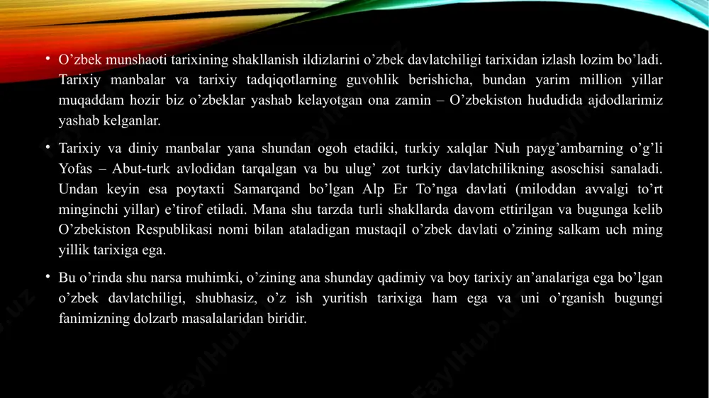 ’sha yerda hujjat yuritish ishlari ham bir qadar takomillashgan deb aytish mumkin. mana shu ma’noda o’zbek tilida ish yuritish an’analari ham o’ziga xos tarixga egaki, biz bunga yuqoridagi ayrim misollar yordamida amin bo’ldik ish yuritish to’g’risidagi tahlillar shundan dalolat beradiki, o’zbek davlatchiligining bugungi taraqqiyot bosqichida o’tmishda yuritilgan hujjatlardan ham mazmunan, ham shaklan to’laligicha foydalanilayotgani yo’q. aytish mumkin bo’lsa, ular ma’naviy jihatdan eskirdi, mazmun-mohiyati va shakli ham davr talablariga bog’liq holda o’zgarib bordi. bu o’zgarishlarga, ayniqsa keyingi 70-75 yillikda — o’zbekiston respublikasining sobiq sssr tarkibida bo’lganligi jiddiy sabab bo’ldi. chunki butun bir ittifoq doirasida asosiy hujjatlar yagona tartib asosida va asosan rus tilida yuritildi. hatto o’zbekiston o’z mustaqilligini qo’lga kiritgandan keyin ham ularning mazmunida tub o’zgarishlar sodir bo’lgan emas. bundan o’n yoki yigirma yil oldin ariza, bayonnoma (protokol) yoki bildirishnoma (raport) ga ehtiyoj qanday bo’lsa, bu zarurat hozirda ham mavjud. ammo uni rasmiylashtirishda ma’lum o’zgarishlar sodir bo’lgan bo’lishi mumkin. bu, asosan …
