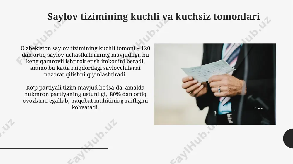 nunchiligi saylov qonunchiligi 5 ta siyosiy partiyaning ro'yxatdan o'tkazilishini va ularning saylovlarda ishtirok etishini tartibga soladi, shuningdek, saylovchilarning 18 yoshdan oshganligi talab qilinadi. saylov uchastkalarining soni aholi zichligiga va hududiy xususiyatlariga qarab belgilanadi, odatda har bir uchastkada 2000 dan 3000 gacha saylovchi bo'ladi. saylov kampaniyasi saylov kampaniyasi davomida nomzodlar 15 kundan kam boʻlmagan vaqt davomida oʻz dasturlarini ommaga taqdim etishlari shart. saylov kampaniyasi davrida ommaviy axborot vositalarida siyosiy reklama uchun ajratilgan vaqt chegaralari belgilangan boʻlib, ular qonunchilik hujjatlarida aniq koʻrsatilgan. e'tiboringiz uchun rahmat @taqdimot_robot image1.jpg image2.jpg image3.jpg image4.jpg image5.jpg image6.jpg image7.jpg image8.jpg image9.jpg image10.jpg image11.jpg image12.jpg