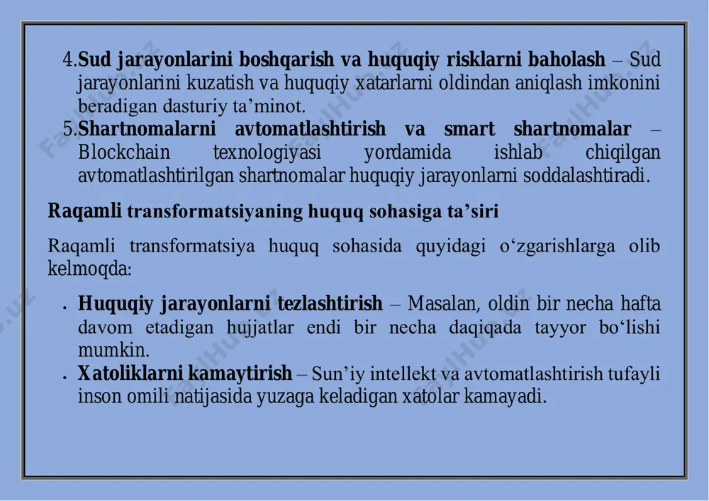qiqotlarni tezlashtirib, hujjatlarni avtomatik tahlil qilish imkonini bermoqda. 2. smart shartnomalar va blokcheyn ethereum va ibm blockchain asosida ishlaydigan huquqiy shartnomalar yuridik xizmatlarni xavfsiz va shaffof qiladi. 3. onlayn huquqiy xizmatlar va avtomatlashtirilgan hujjatlar legalzoom, rocket lawyer, docusign kabi platformalar orqali hujjatlarni avtomatik yaratish va tasdiqlash imkoniyati mavjud. 4. chatbotlar va virtual yuristlar donotpay kabi chatbotlar mijozlarga yuridik maslahat berish va da’vo arizalarini tayyorlashga yordam bermoqda. 5. huquqiy jarayonlarni avtomatlashtirish katta yuridik firmalar clio, mycase, practicepanther kabi dasturlar orqali huquqiy ishlarni avtomatlashtirmoqda. 6. kiberxavfsizlik va yuridik ma’lumotlarni himoya qilish ma’lumotlarning xavfsizligini ta’minlash uchun ibm security, mcafee, symantec kabi kompaniyalar huquqiy firmalar uchun maxsus kiberxavfsizlik echimlarini ishlab chiqmoqda. kelajak tendensiyalari va rivojlanish istiqbollari  huquqiy xizmatlarning raqamli transformatsiyasi  sun’iy intellekt yordamida avtomatlashtirilgan yuristlar  blokcheyn va smart shartnomalar ommaviylashishi  huquqiy texnologiyalar bozorining kengayishi va yangi startaplar paydo bo‘lishi xulosa legal tech huquqiy sohani tubdan o‘zgartirmoqda. advokatlar va yuristlar bu …