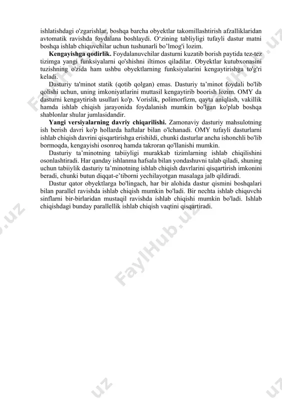u degani kodga bevosita kirishsiz hamda uni to’g’ridan to’g'ri o’zgartirmay turib modulni qadam-baqadam o'zgartirish mumkin emas. bundan tashqari, bitta modulni ishlab chiqishda, uning funksiyalarini boshqasiga o'tkazmay (delegat qilmay) turib boshqasidan foydalanib bo’lmaydi. yana garchi modulda turni belgilab bo’lsa-da, bir modul boshqasida belgilangan turdan foydalana olmaydi. modulli va prosedurali dasturlash tillarida turni kengaytirish usuli, agar «agregatlash» deb ataluvchi usul yordamida boshqa turlarni yaratishni hisobga olmaganda, mavjud emas. va nihoyat, modulli dasturlash - bu yana protseduraga mo'ljallangan gibridli sxema bo'lib, unga amal qilishda dastur bir necha protseduralarga bo'linadi. biroq endilikda protseduralar ishlov berilmagan ma'lumotlar ustida amallarni bajarmaydi, balki modullarni boshqaradi. amaliyotga do’stona foydalanuvchi interfeyslari, ramkali oyna, menu va ekranlarning tadbiq etilishi dasturlashda yangi uslubni keltirib chiqardi. dasturlarni ketma-ket boshidan oxirigacha emas, balki uning alohida bloklari baiarilishi talab qilinadigan bo'ldi. biror-bira niqlangan hodisa yuz berganda dastur unga mos shaklda ta'sir ko'rsatishi lozim. masalan, bir tugma bosilganda faqatgina unga biriktirilgan amallar bajariladi. bunday uslubda …