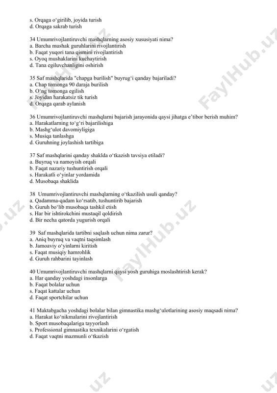 yinlar va qiziqarli mashqlar shaklida b. qattiq intizom va buyruqlar asosida s. nazariy ma’lumotlarga e’tibor qaratib d. jismoniy yuklama maksimal darajada bo‘lgan holda 43 bolalarning qaysi harakat sifatlarini rivojlantirishga alohida e’tibor qaratiladi? a. muvozanat va egiluvchanlik b. kuch va chidamlilik s. tezkorlik va reaksiya d. faollik va intellekt 44 gimnastika mashg‘ulotlari davomida bolalarni qanday tartibda joylashtirish maqsadga muvofiq? a. davra shaklida yoki erkin joylashuvda b. saf tortgan holda s. faol o‘yin maydonida d. jamoaviy guruhlarga bo‘lib 45 mashg‘ulot davomida bolalar uchun qaysi usul samaraliroq? a. harakatni namoyish qilib, tushuntirish b. mustaqil mashqlar bajarishga topshiriq berish s. faqat og‘zaki ko‘rsatma berish d. jismoniy yuklamani oshirish 46 gimnastika mashg‘ulotlarida qaysi uskunalar ko‘proq qo‘llaniladi? a. sharchalar, halqalar va bolalar uchun mo‘ljallangan uskunalar b. professional gimnastika jihozlari s. og‘ir atletika asboblari d. elektron o‘yin jihozlari 47 bolalar bilan gimnastika mashg‘ulotlarida xavfsizlik qoidalariga rioya qilishning asosiy sababi nima? a. jarohatlarning oldini olish b. mashqlarni tezroq …