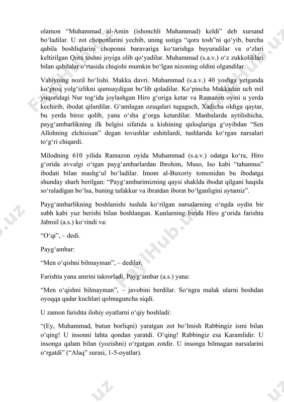 o‘z qaramog‘iga oldi. payg‘ambar yoshlik chog‘larida ikki marta shomga, bir marta yamanga karvon bilan birga safarga chiqdilar. shomga birinchi marta 12 yoshga to‘lganda, ikkinchi marta 25 yoshga, yamanga 17 yoshga to‘lganda safar qildilar. 12 yoshga yetganda amakilari abu tolib shomga safarga otlandi. eng yaqin kishisidan ayrilib qolish muhammadga qattiq ta’sir qilib, ma’yus qolganini ko‘rgan abu tolib bolani birga olib ketishga jazm qildi. ularning karvoni shom yo‘lidagi busro nomli mavzeda to‘xtadi. yahudiylarning olimlaridan buhayro ismli bir rohib uzoqdan karvonning kelishini kuzatib turar edi. ko‘rdiki, karvon bilan birga bir bulut ham kelayapti. karvon bir daraxt ostiga to‘xtadi. bulut ham o‘sha daraxt tepasiga qo‘ndi. buhayro darhol bir ziyofat tayyorladi. abu tolibni sheriklari bilan ibodatxonaga taklif qildi. muhammad (s.a.v.) haqidagi ma’lumotlarni bilib olish uchun bir necha savollar berdi. olgan javoblaridan hayratlangan buhayro muhammadning ikki kuraklari o‘rtasidagi payg‘ambarlik muhrini ochib ko‘rdi. shundan so‘ng abu tolibga muhammadning porloq kelajak egasi ekanini bashorat qildi va uni ehtiyot …