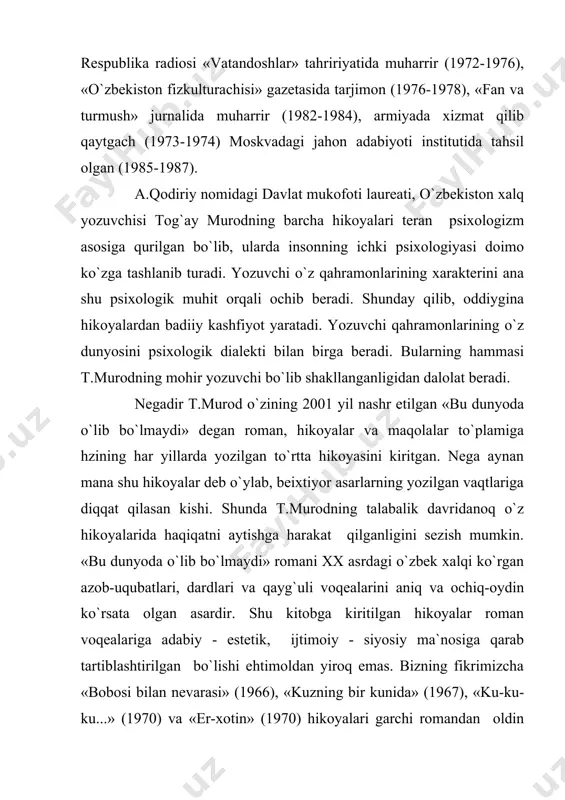 i deyarli kuzatilmaydi ham bor narsalarni xarakterlar va ruhiy tahlillarga yuklaydi. uning asarlarining tematikasi ham yangi. demak, u yaratgan asarlar badiiyligi va yangi bir g`oya, yangi bir masalalarni ko`tarishi bilan qimmatlidir. t.murod tasvirlagan voqealar, xarakterlar qismati bir-biriga mantiqan ham mos tushadi. o`zbek nasrining an`anaviy dasturini davom ettirib, yangicha ruhdagi asarlar yaratish t. murodning oldiga qo`ygan maqsadi edi. ularda yozuvchi nozik psixologizmni, mavzuning kengligi, voqealar tor bo`lgan bilan, mazmuni boyligi hayotga mosligi, hikoyalarida shaxs muammosi, inson taqdiri, avlod, kelajak qanday bo`ladi? kabi masalalarni ko`tarib bera oldi. u o`zining 60-70 yillarda yaratgan hikoyalarida xuddi shu narsalarni e`tirof etib, inson taqdiri, uning tortishuvlari, xarakter xususiyati orqali shu davrga nisbatan tanqidiy ko`z bilan qaray oldi va shularni ayta bildi. tog`ay murodning «ot kishnagan oqshom» qissasi halollik va mardlikni tarannum etuvchi asarlardan biri bo`ldi. qissa qahramoni ziyodulla kal elning mashhur chavandozi. chavandozlar orasida ham o`zining halolligi bilan tanilgan. u g`iiromlik ro`y bersa, u to`g`risini aytadi. …