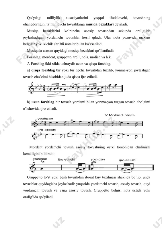 . stakkato xe "стаккато" \b uslubi kuy tovushlarini, akkordlarni qisqa - qisqa va chertib ijro etish kerakligini ifodalaydi. stakkato uslubi nota doirachalari ustida yoki ostida qo’yiladigan nuqtalar bilan ko’rsatiladi. masalan: portamento xe "портаменто" \b yoki glissando uslubi xromatik gamma (fortepianoda diatonik gamma) bo’ylab pastga yoki yuqoriga tomon sirg’anish kerakligini bildiradi. bunda bir-biridan keng intervalda joylashgan ikki tovush oralig’i to’ldiriladi. portamento ko’pincha ashula (vokal) ijrochiligi uchun, glissando esa cholg’u musiqasi ijrochiligi uchun xosdir. portamento belgisi to’ldirilishi lozim bo’ladigan ikki notani birlashtiruvchi to’lqinsimon chiziqdan iborat bo’ladi. masalan: arpedjiato xe "арпеджиато" \b uslubi akkordlarni alohida – alohida chalish kerakligini bildiradi, bunda akkord tuzuvchi tovushlar tez harakat bilan pastdan yuqoriga qarab chalinadi. arpedjiato cho’zimi chalinadigan akkord cho’zimiga teng bo’ladi. arpedjiato belgisi chalinishi lozim bo’lgan akkord oldidan qo’yiladigan to’lqinsimon vertikal chiziqdan iborat bo’ladi. masalan: yuqorida keltirilgan belgilar dunyo kasbiy musiqasida keng qo’llaniladi. bundan tashqari, har bir xalqning o’z milliy xususiyatlaridan kelib chiqqan holda musiqiy bezaklarning …