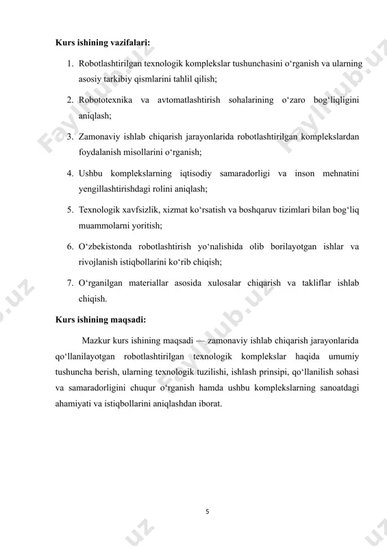 nipulyator ko‘rinishidagi ijro qurilmasidan hamda qayta dasturlanuvchi dasturiy boshqaruv qurilmasidan tashkil topgan statsionar (qo‘zg‘almas) yoki ko‘chma avtomatik mashina. texnik adabiyotda bundan ham qisqaroq ta’rif uchraydi: canoat roboti (sr) - sanoatda ishlatishga mo‘ljallangan qayta dasturlanuvchi avtomatik manipulyator. robototexnik tizim deb, shunday texnikaviy tizimga aytiladiki, unda energiya, massa va axborotlar bilan bog‘liq o‘zgartirishlar va aloqalar sanoat robotlaridan foydalanilgan holda aks etadi. sanoat robotlari tomonidan o‘rnini bosa oladigan funksiyalari va ular bajara oladigan operatsiyalarga ko‘ra robotlashtirilgan texnologik majmua va robotlashtirilgan ishlab chiqarish majmualari farqlanadi. bitta sanoat roboti o‘zaro harakatda bo‘ladigan bir yoki bir nechta texnologik jihozlardan hamda majmua ichidagi ishning to‘la avtomatik siklini va boshqa ishlab chiqarishlarning kirish va chiqish oqimlari bilan aloqalarni ta’minlovchi yordamchi jihozlar yig‘indisidan iborat ishlab chiqarish vositalarining avtonom harakat qiluvchi to‘plamiga robotlashtirilgan texnologik majmua deyiladi. yig‘ish, payvandlash, bo‘yash kabi texnologik jarayonlarga oid asosiy operatsiyalarni bajaruvchi bitta sanoat robotidan hamda majmua ichidagi texnologik jarayonlarning avtomatlashtirilgan siklini to‘la ta’minlovchi yordamchi jihozlar …