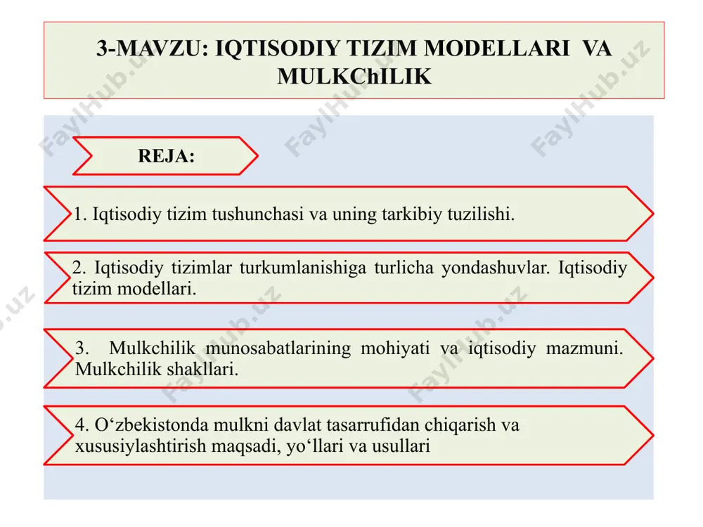 chiqarish jarayonini tashkil qilish orqali vujudga keladi. masalan, bunga mehnat taqsimoti, uning ixtisoslashishi natijasida vujudga keladigan munosabatlarni kiritish mumkin. ijtimoiy - iktisodiy munosabatlar — hayotiy ne'mat va vositalarni ishlab chiqarish, taqsimlash, ayriboshlash va iste'mol qilish jarayonida vujudga keladi. jamiyat taraqqiyoti bosqichlarini bilishga turli xil yondashuvlar iqtisodiy tizimlar turkumlanishi turkumlashga yondashuvlar turkumlash mezonlari iqtisodiy tizim turlari i sivilizasion yondashuv 1. iqtisodiy jara-yonlarni boshqarish va uyg‘unlashtirish mexanizmi 2. mulkchilikning hukmron shakli bozor iqtisodiyoti buyruqbozlik iqtisodiyoti aralash iqtisodiyot an'anaviy iqtisodiyot 2. iqtisodiy tizimlar turkumlanishiga turlicha yondashuvlar. iqtisodiy tizim modellari. iii texnologik yondashuv ishlab chiqarishning texnologik usuli oddiy kooperasiga asoslangan iqtisodiy tizim. manufakturaga asoslangan iqtisodiy tizim. yirik mashinalashgan ishlab chiqarishga asos-langan iqtisodiy tizim ii formasion yondashuv ishlab chiqarish kuchlarining ri-vojlanish dara-jasiga ishlab chiqarish muno-sabatlarining mos kelishi ibtidoiy jamiyat quldorlik feodalizm kapitalizm kommunizm (sosializm) iqtisodiy tizimlar turkumlanishi turkumlashga yondashuvlar turkumlash mezonlari iqtisodiy tizim turlari v jamiyatning iqtisodiy rivojlanish darajasiga ko‘ra jamiyatning iqtisodiy taraqqiyoti an'anaviy jamiyat …