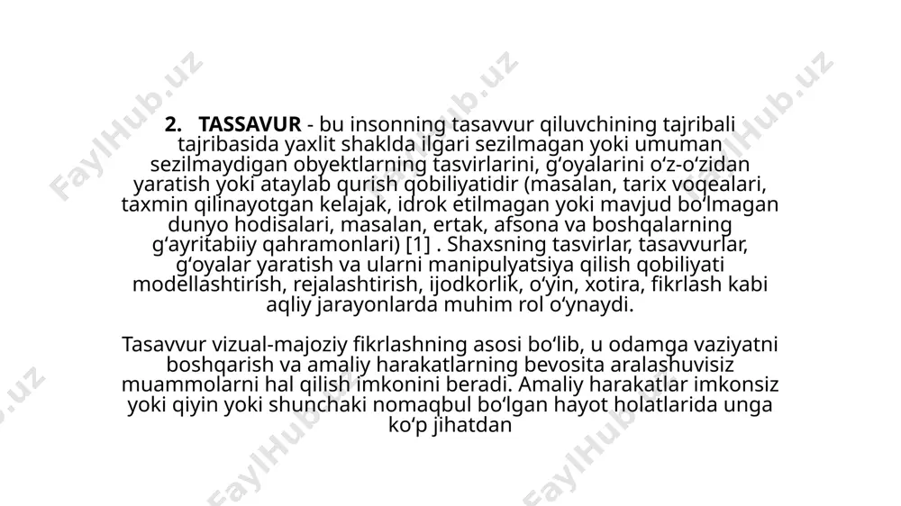 xususiyatlarining majmuasi. xarakter xususiyatlari kelib chiqishining fiziologik sharoitlaridan biri – bu ko‘chish mexanizmi asosida turli dinamik stereotiplarning hosil bo‘lishidir. temperament tipi xarakterning individual o‘ziga xos xususiyatlarining paydo bo‘lishidagi muhim psixologik sharoitlardan biri. inson xarakterining ayrim xususiyatlarining o‘zaro bog‘liq, bir-biriga tobe yaxlit organizmi uning tuzilmasi (strukturasi) deyiladi. ruhiy xususiyatlarning o‘zaro bog‘langan tizimi simptomokomplekslar yoki faktorlar deb ataladi. xarakter xususiyatlarining 4 ta tizimi mavjud: 1) jamoaga, guruhga, ayrim insonga nisbatan munosabatlarni ifodalovchi xususiyatlar (yaxshilik, mehribonlik, talabchanlik, takabburlik va boshqa); 2) mehnat faoliyatiga nisbatan munosabatni aks ettiruvchi xususiyatlar (mehnatsevarlik, yalqovlik, vijdonlilik, mehnatga mas’uliyat yoki mas’uliyatsizlik bilan munosabatda bo‘lish va boshqa); 3) narsa va ashyolarga nisbatan munosabatni ifodalovchi xususiyatlar (ozodalik yoki ifloslik, narsalarga ayab yoki ayamasdan yondashish va boshqa); 4) insonning o‘z-o‘ziga nisbatan munosabatlarini ifodalovchi xususiyatlar (izzatnafslilik, shuhratparastlik, mag‘rurlik, dimog‘dorlik, kamtarinlik va boshqa). 6 5. emotsiya (frans. lotincha — larzaga keltiraman, hayajonlantiraman) — odam va hayvonlarning tashqi va ichki qoʻzgʻatuvchilar taʼsiriga nisbatan subyektiv reaksiyalari. …