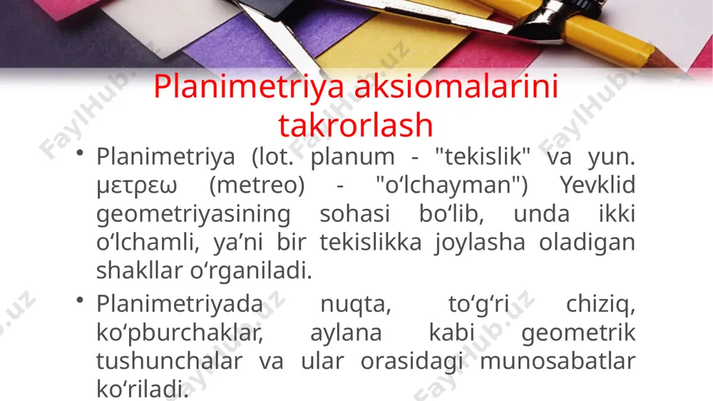 planimetriya aksiomalarini takrorlash.sodda geometrik figuralari ta`riflari, xossalari va alomatlarini o`rganish - Page 3